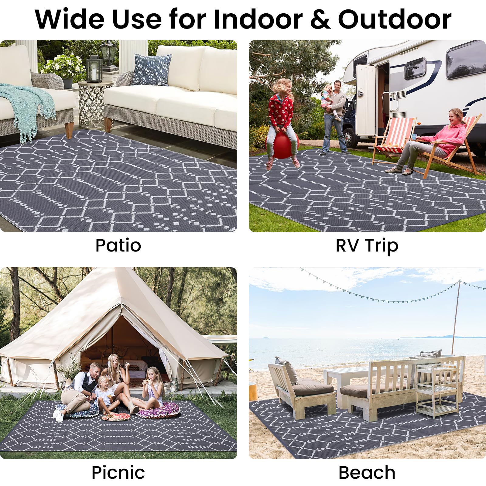 Smiry Waterproof Outdoor Rug 5x8 ft, Reversible Plastic Straw Patio Camping Rugs, Outdoor Indoor RV Mat Carpet for Patio, Outside Entry, Backyard, Deck, Bench, Picnic, Camper, Black & Beige