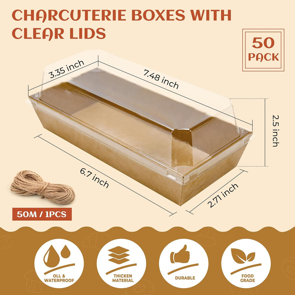 Charcuterie Boxes with Clear Lids Mini Dessert Bakery Boxes Disposable To Go Food Containers for Cookie Cake Slice Sushi Strawberry 7.48x3.35x2.5INCH(50 Pack, Brown)