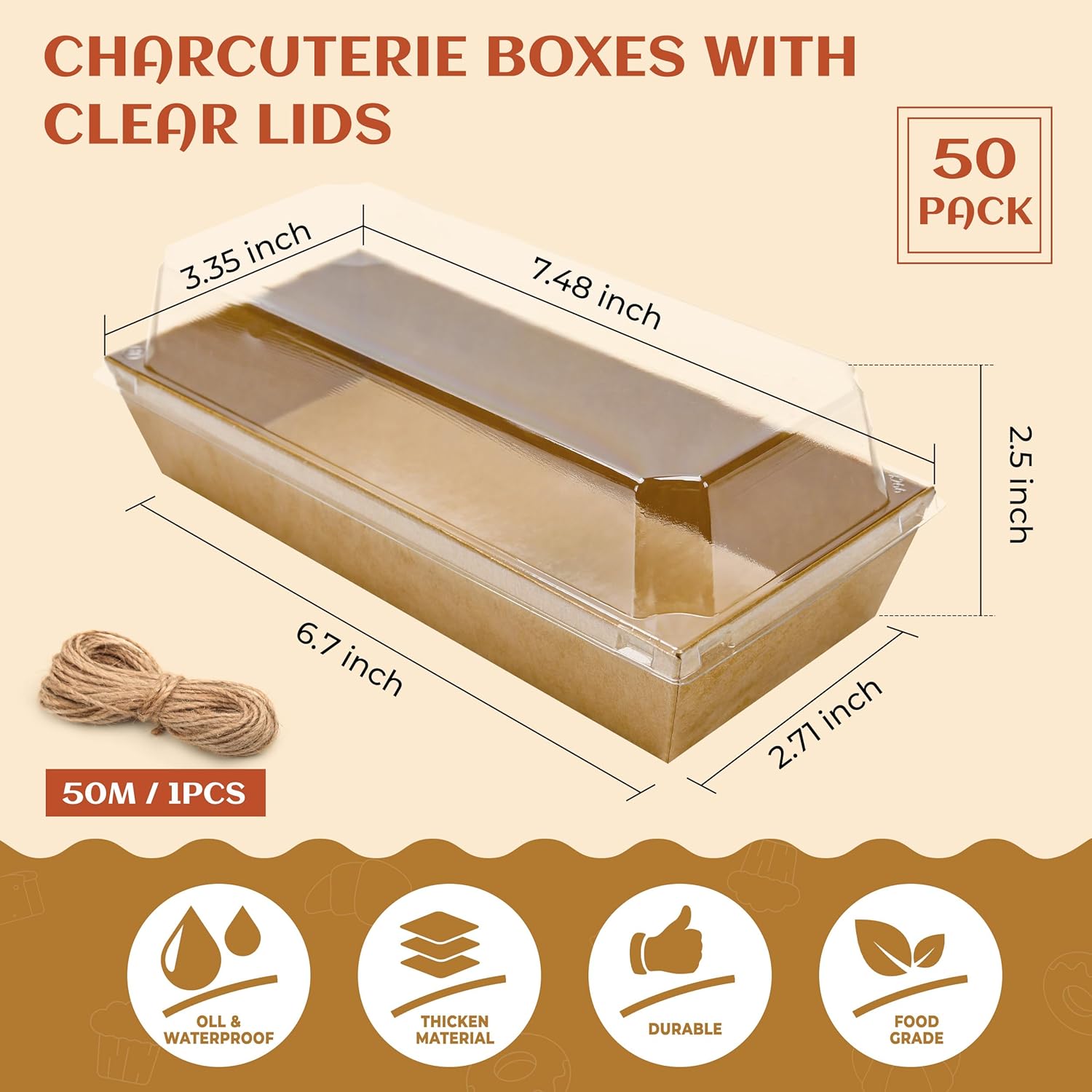 Charcuterie Boxes with Clear Lids Mini Dessert Bakery Boxes Disposable To Go Food Containers for Cookie Cake Slice Sushi Strawberry 7.48x3.35x2.5INCH(50 Pack, Brown)