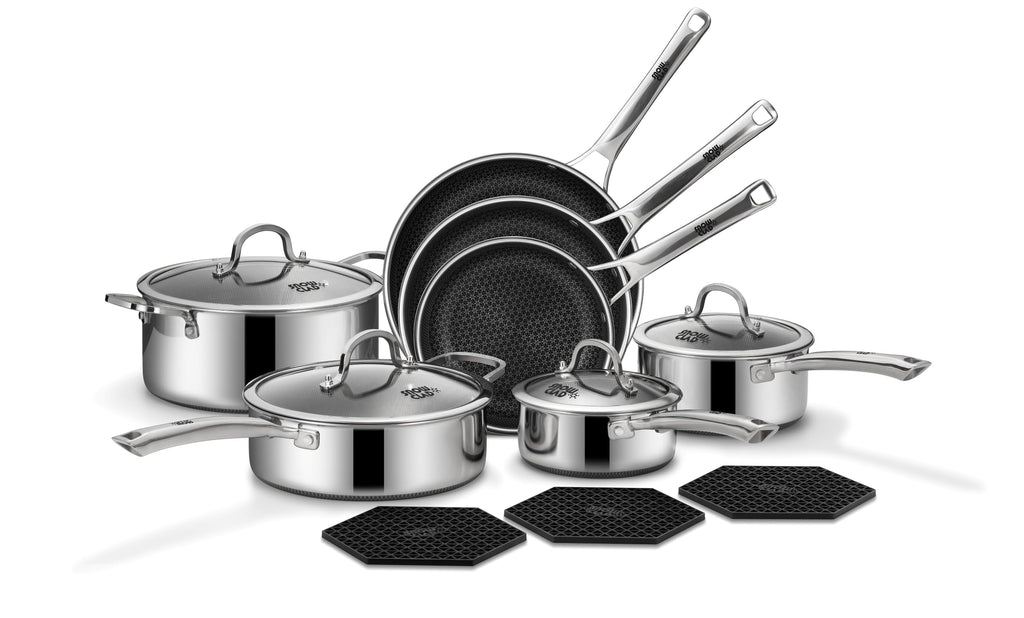 SNOWCLAD Pots and Pans Set Non Stick, 10 Pcs Hybrid Stainless Steel Cookware Sets, Non Stick Frying Pans, Saucepans, Saute Pan & Stock Pot, PFOA Free Kitchen Skillet,Induction Compatible