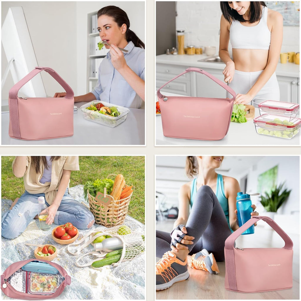 Lunch Bag Set For Women Insulated Leather Woman Lunch Bag With 2 Lunch Box Containers Spoon and Ice Pack Leakproof Reusable High Capacity Lunch Tote Bags for Work, Travel, Outdoor