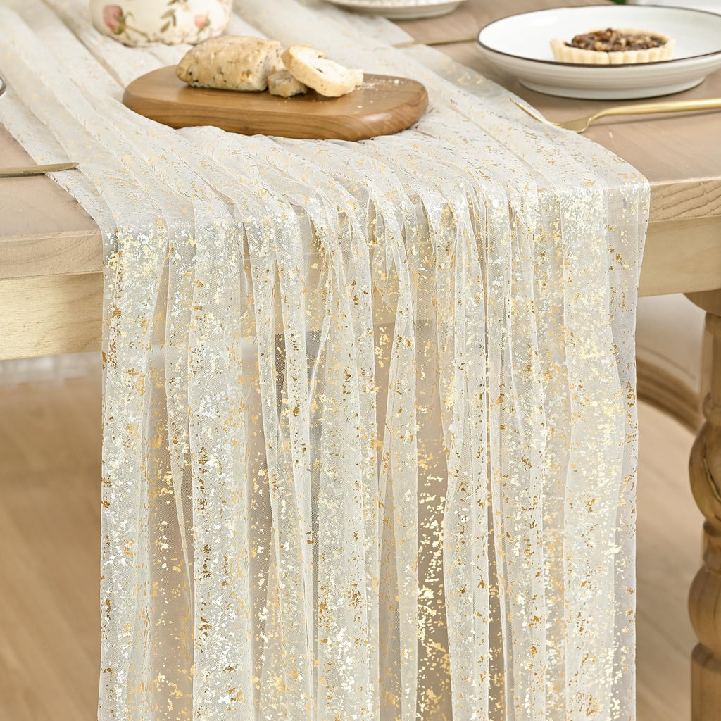 Artoid Mode Beige Gold Gauze Table Runner 120 Inch 10FT, Glitter Metallic Foil Sheer Dining Wedding Anniversary Holiday Birthday Table Decor for Home Party