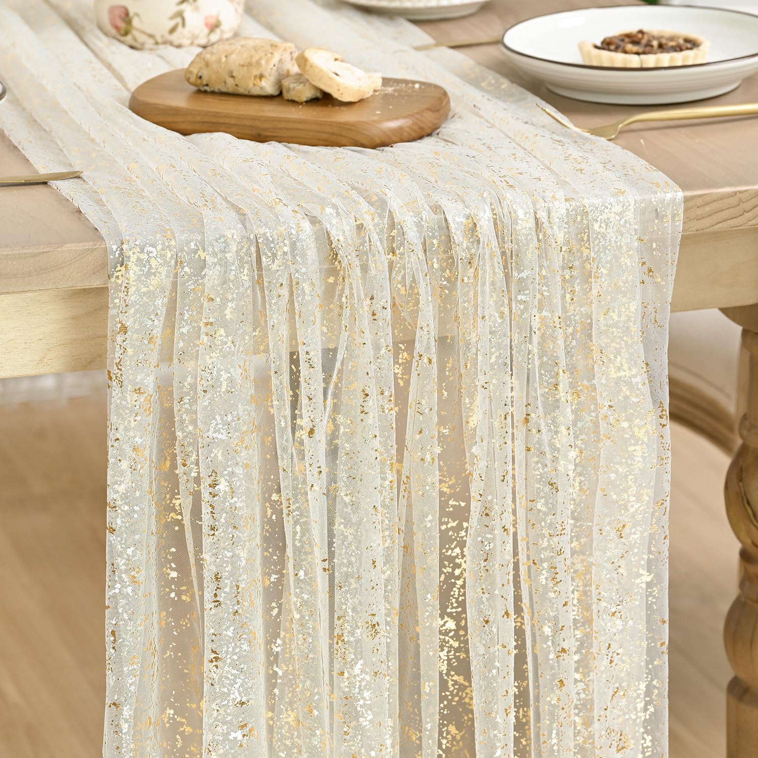 Artoid Mode Beige Gold Gauze Table Runner 120 Inch 10FT, Glitter Metallic Foil Sheer Dining Wedding Anniversary Holiday Birthday Table Decor for Home Party