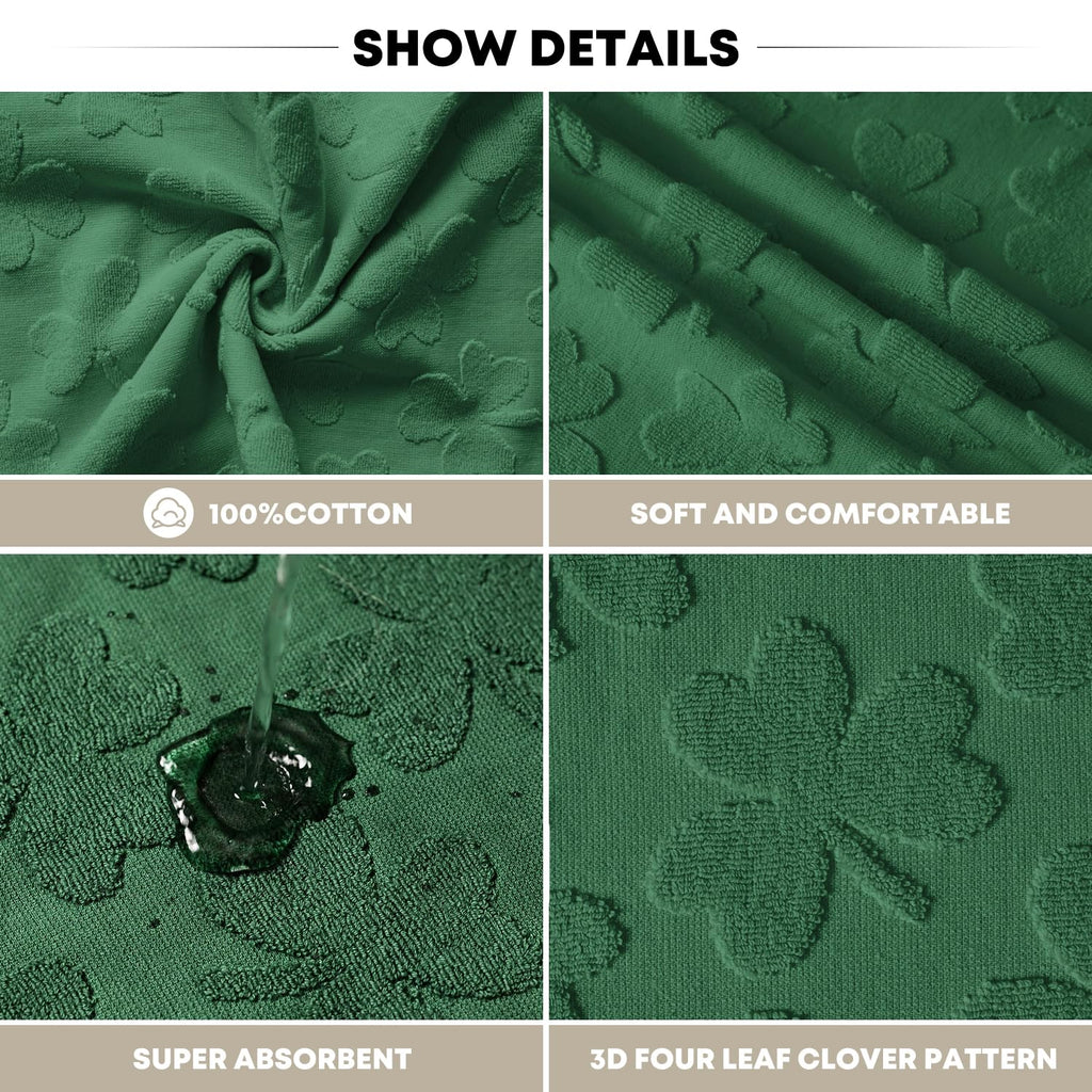 Artoid Mode 2 Pcs Dark Green 3D Shamrock Jacquard Patrick Hand Towels for Bathroom, 100% Cotton Soft Absorbent Bathroom Decor Towels, 13.7 x 29.5 Inch