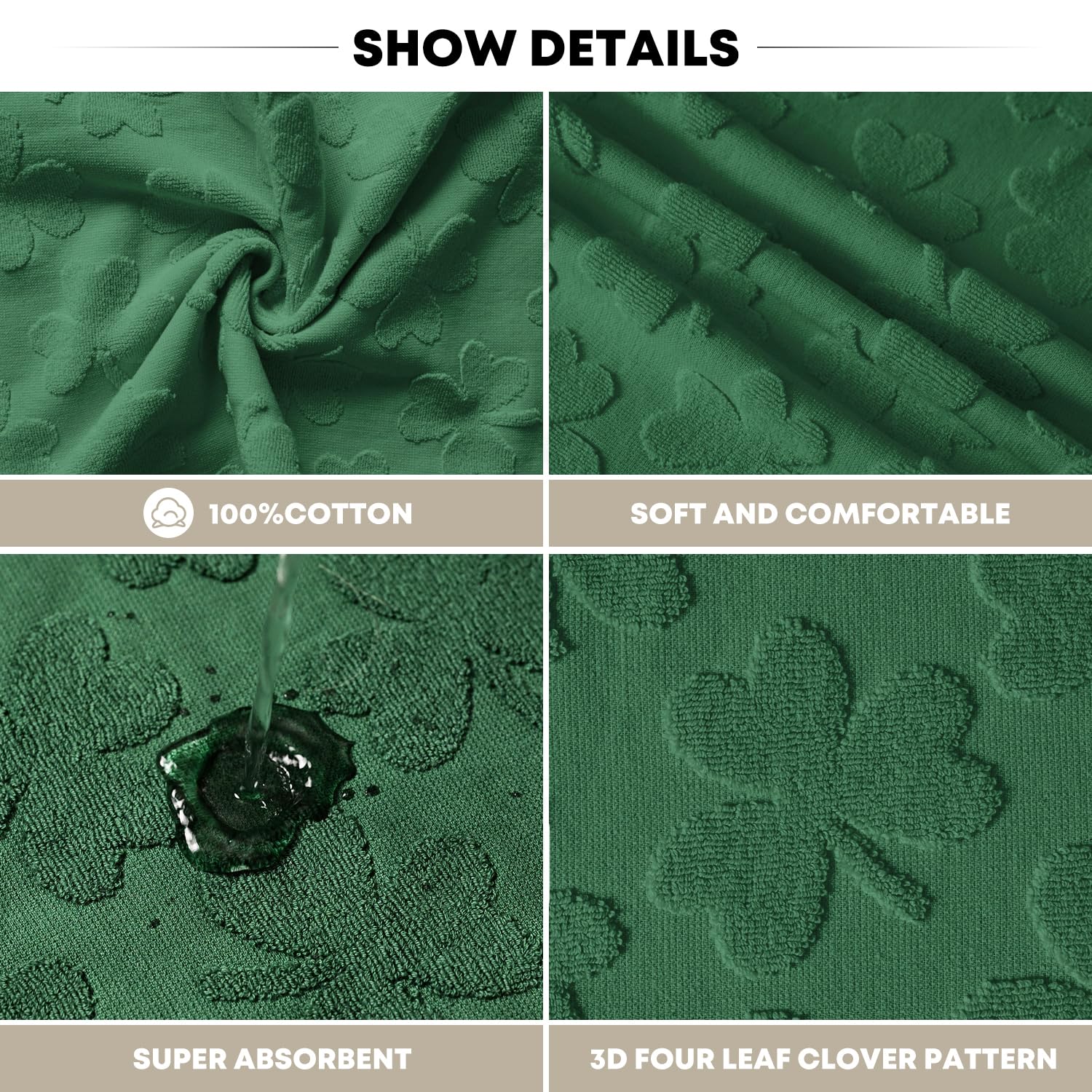 Artoid Mode 2 Pcs Dark Green 3D Shamrock Jacquard Patrick Hand Towels for Bathroom, 100% Cotton Soft Absorbent Bathroom Decor Towels, 13.7 x 29.5 Inch