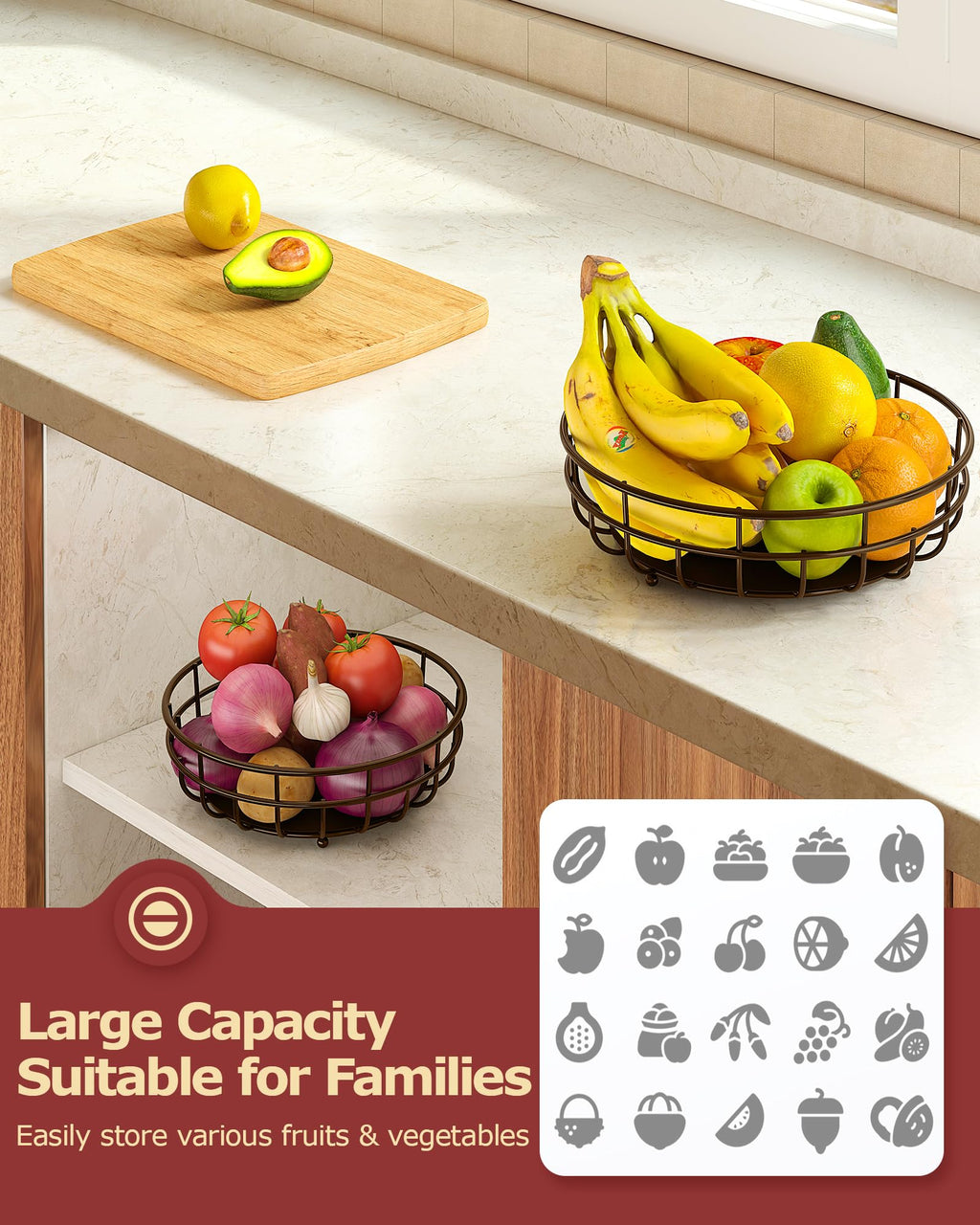 2 Tier Large Fruit Basket for Kitchen Counter with Removable Banana Hanger - Sturdy Iron Fruit Bowl for Kitchen Counter and Vegetable Holder, Fruit Holder for Kitchen Countertop, Black