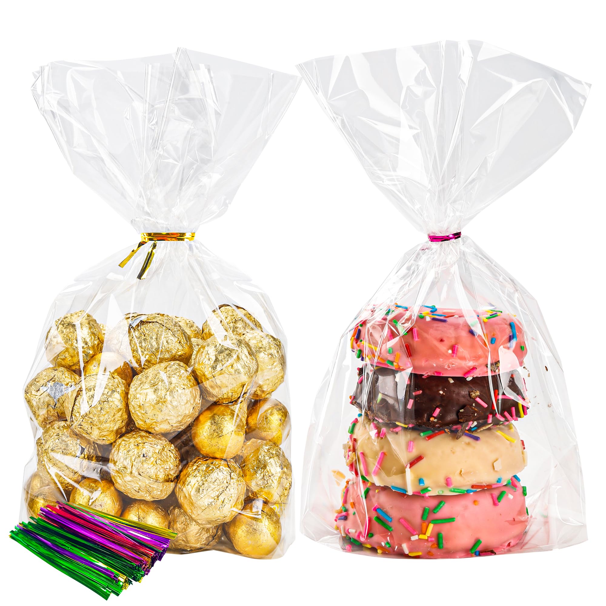 NPLUX 100 Pack Cellophane Bags Clear Flat Bottom Cellophane Treat Bags Gusseted with 100 Pack Twist Ties for Candy Popcorn Cookie Small Gift Wrapping(6×9×2.4 Inches)