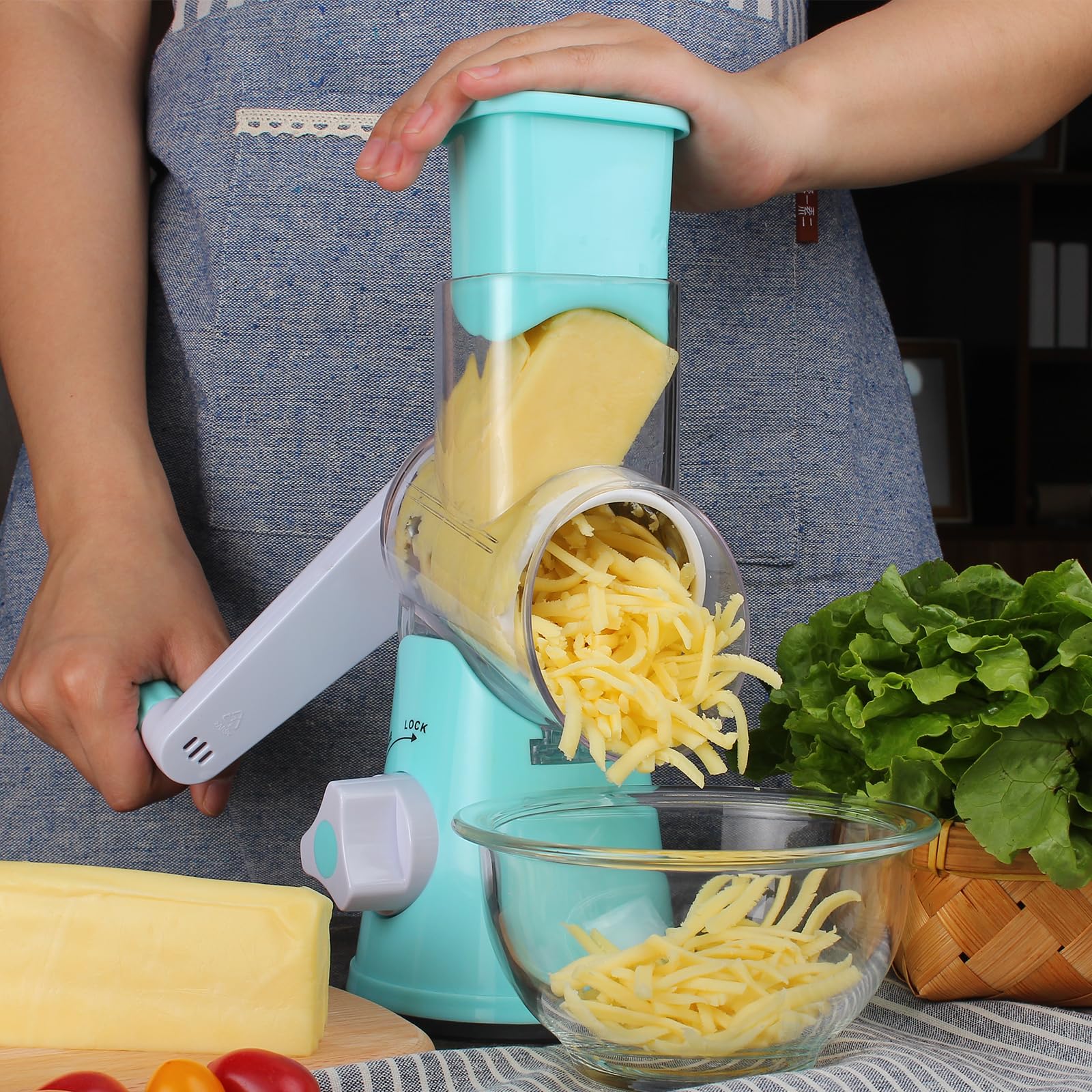 Cambom 5 in 1 Rotary Cheese Grater Hand Crank Cheese Shredder for Fresh Cheese, Vegetable, Nuts,Non-slip Suction Base, Black