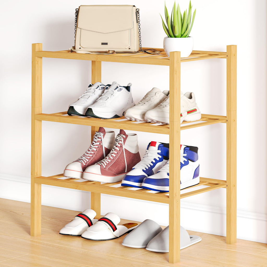 Smiry Shoe Rack, 3 Tier Bamboo Shoe Organizer, Stackable Free Standing Wooden Shoe Storage Shelf for Closet, Entryway, Front Door Entrance, Natural