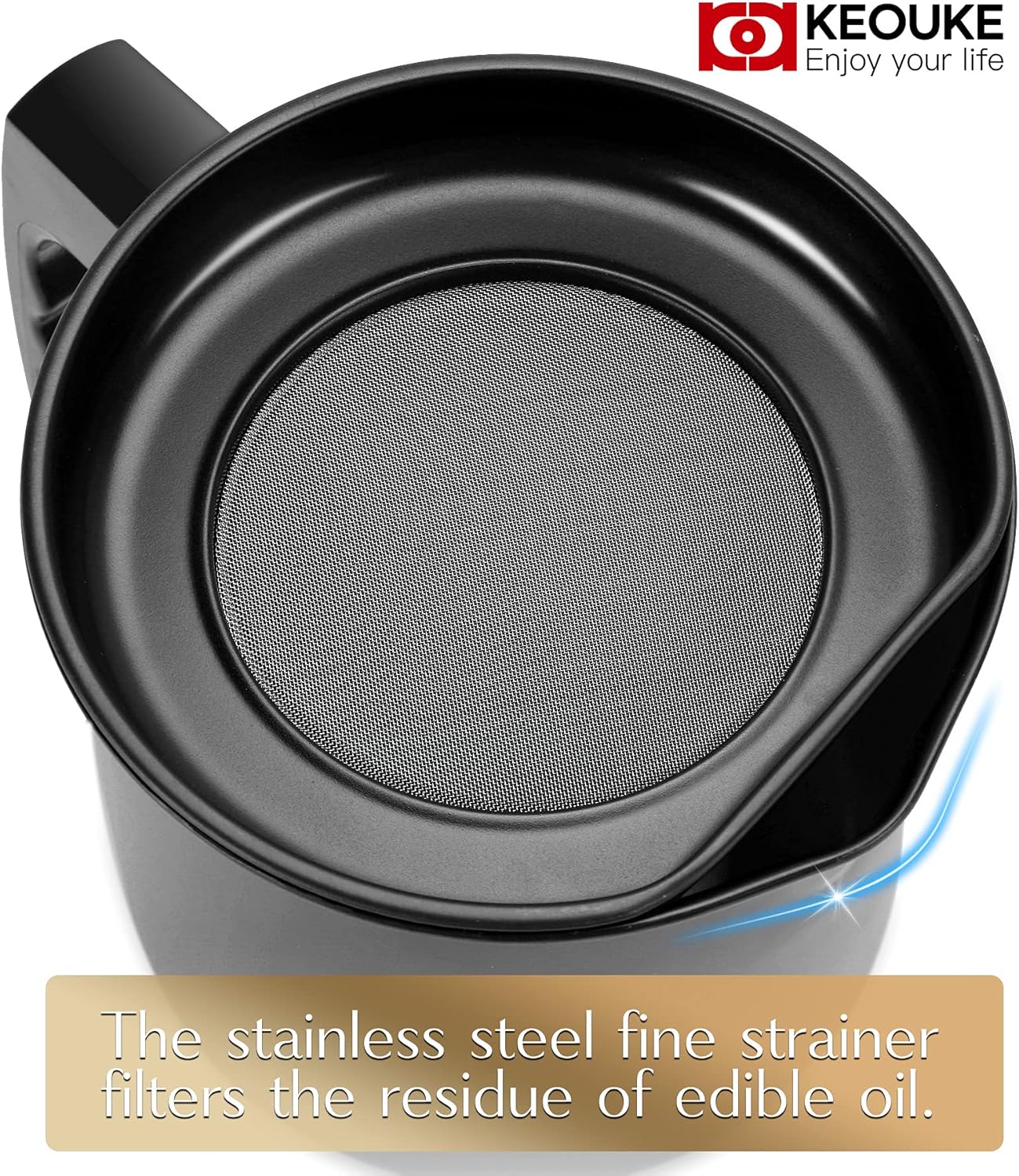 KEOUKE Bacon Grease Container with Strainer - 1.3L / 5.2 Cups Oil Storage Holder Can for Cooking, Frying with Replaceable Cleaning Brush