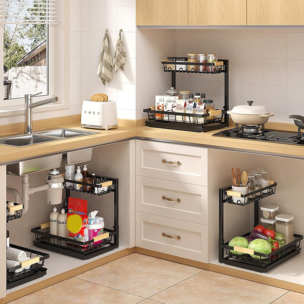 2 Packs Under Sink Organizer, Height Adjustable 2 Tier Under Kitchen Sink Organizer, Multi-Purpose Storage Shelf for Kitchen Bathroom Cabinet (Black, Large)