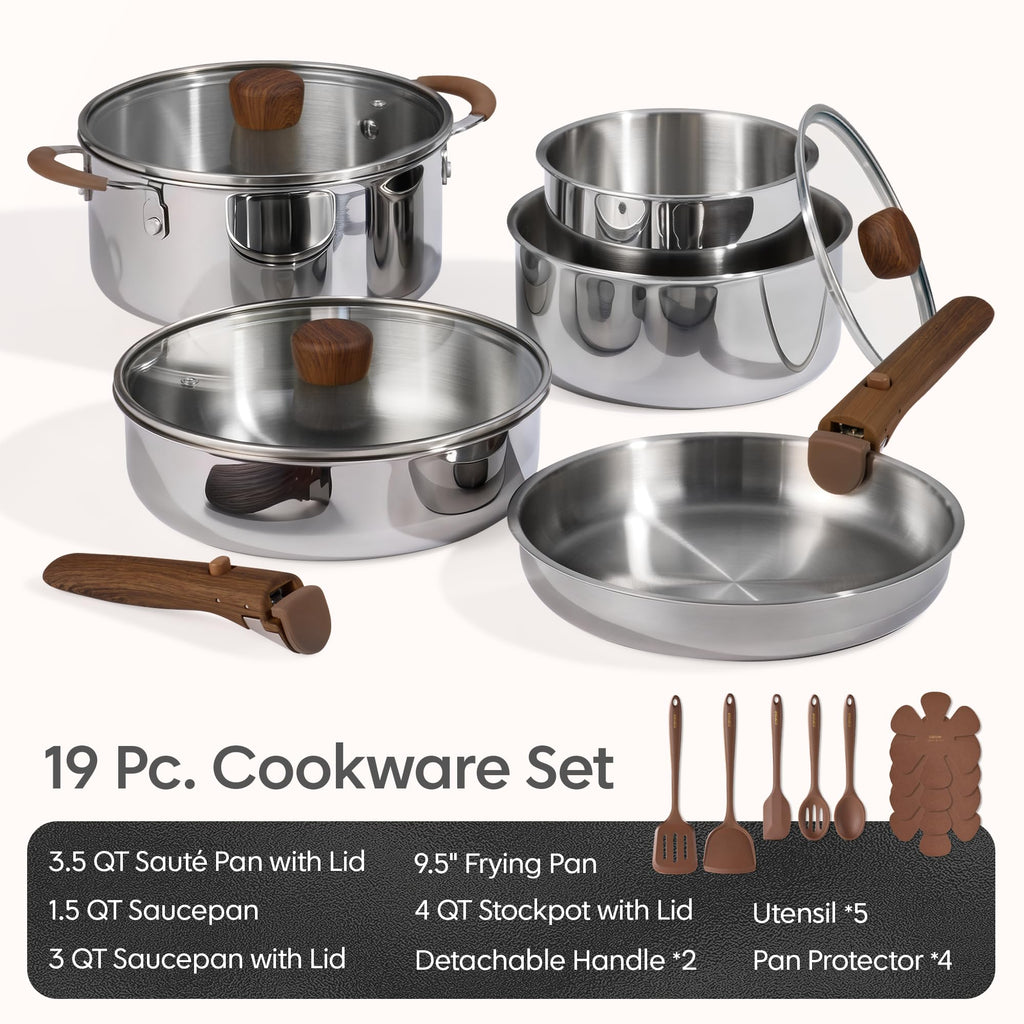 CAROTE 19pcs Stainless Steel Cookware Set with Detachable Handle, Pots and Pans Set, Induction Kitchen Cooking Sets, RV/Camping Cookware, Removable Handle, Oven Safe, Woodgrain
