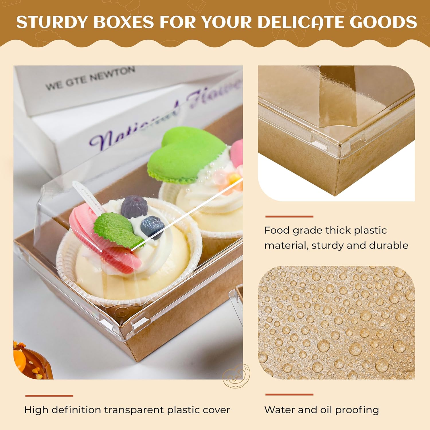 Charcuterie Boxes with Clear Lids Mini Dessert Bakery Boxes Disposable To Go Food Containers for Cookie Cake Slice Sushi Strawberry 7.48x3.35x2.5INCH(50 Pack, Brown)