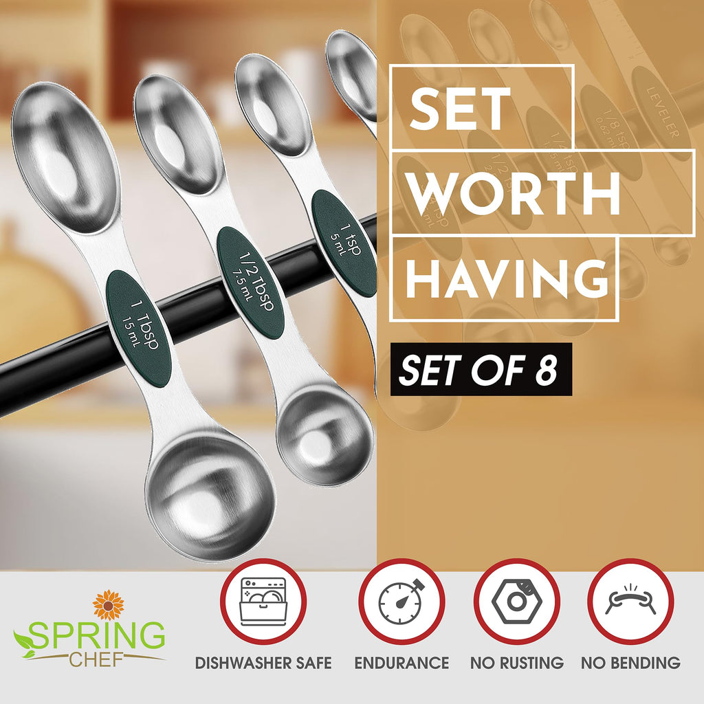 Spring Chef Stainless Steel Magnetic Measuring Spoons Set with Strong N45 Magnets, Heavy Duty Metal Kitchen Gadgets for Baking & Cooking, Fits in Most Kitchen Spice Jars, Set of 8 with Leveler, Black