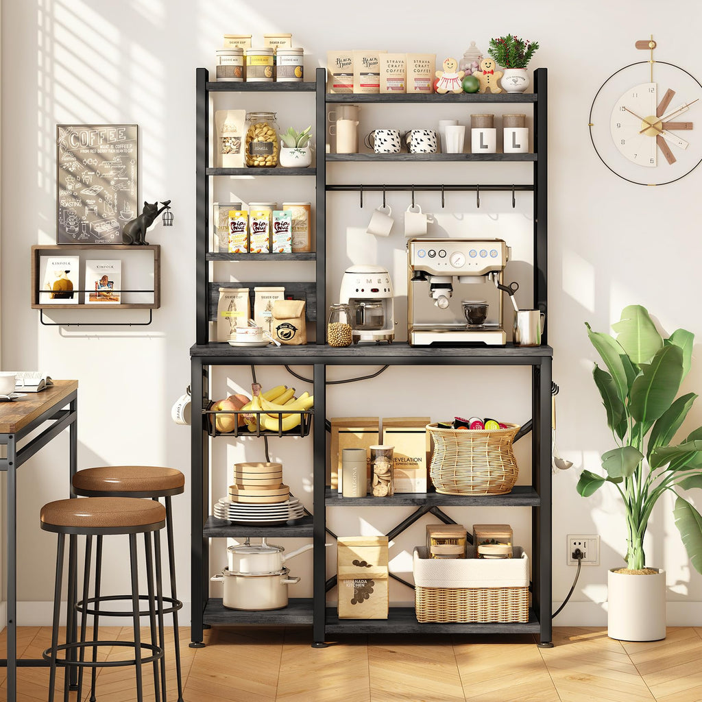 Baker Rack with Power Outlet - Microwave Stand with Storage, Large Coffee Bar Station with 14 Hooks, Metal Kitchen Shelf Rack for Spices, Pots (Rustic Brown) | with Power Outlet, with Storage, with 14 Hooks, for Spices, for Pots