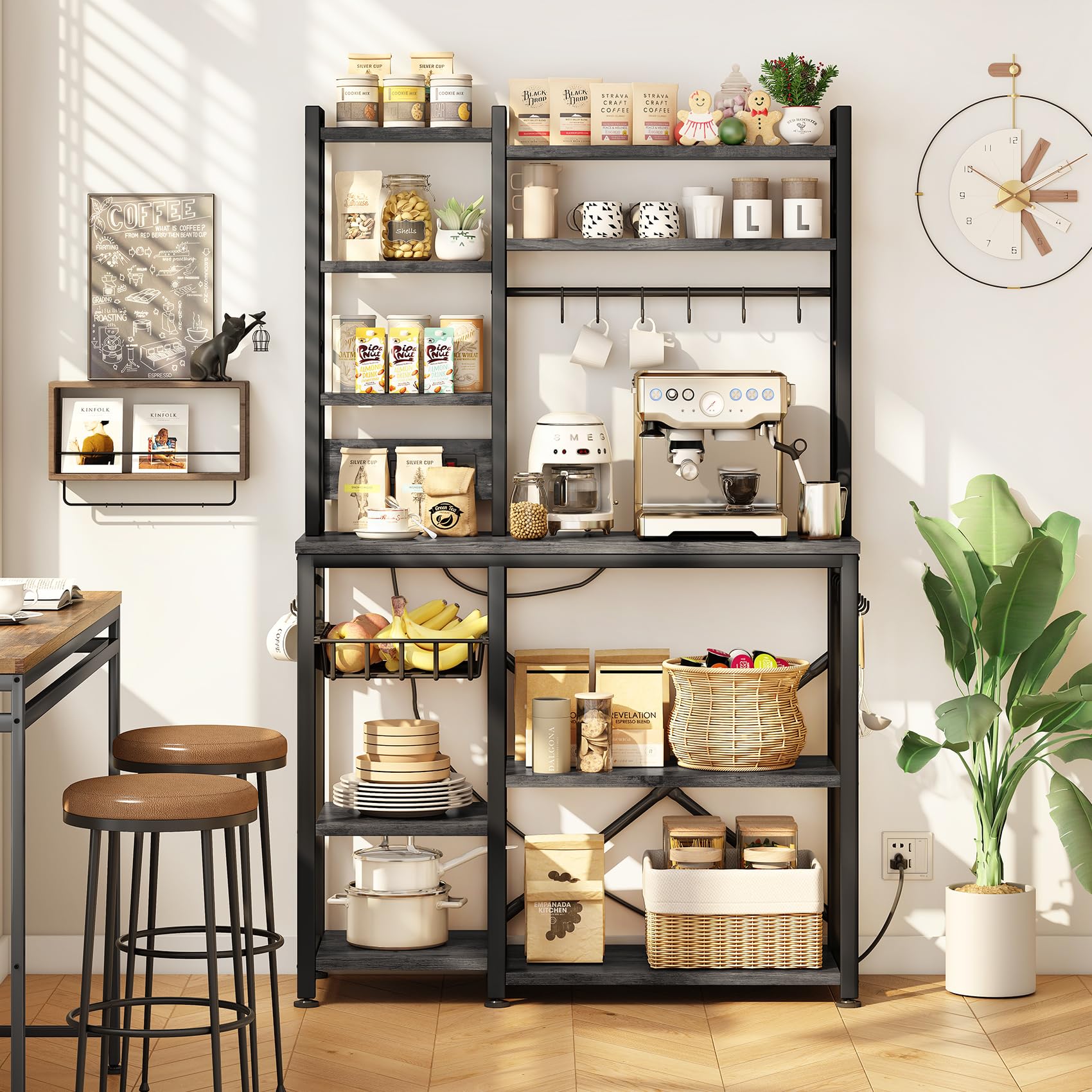 Baker Rack with Power Outlet - Microwave Stand with Storage, Large Coffee Bar Station with 14 Hooks, Metal Kitchen Shelf Rack for Spices, Pots (Rustic Brown) | with Power Outlet, with Storage, with 14 Hooks, for Spices, for Pots