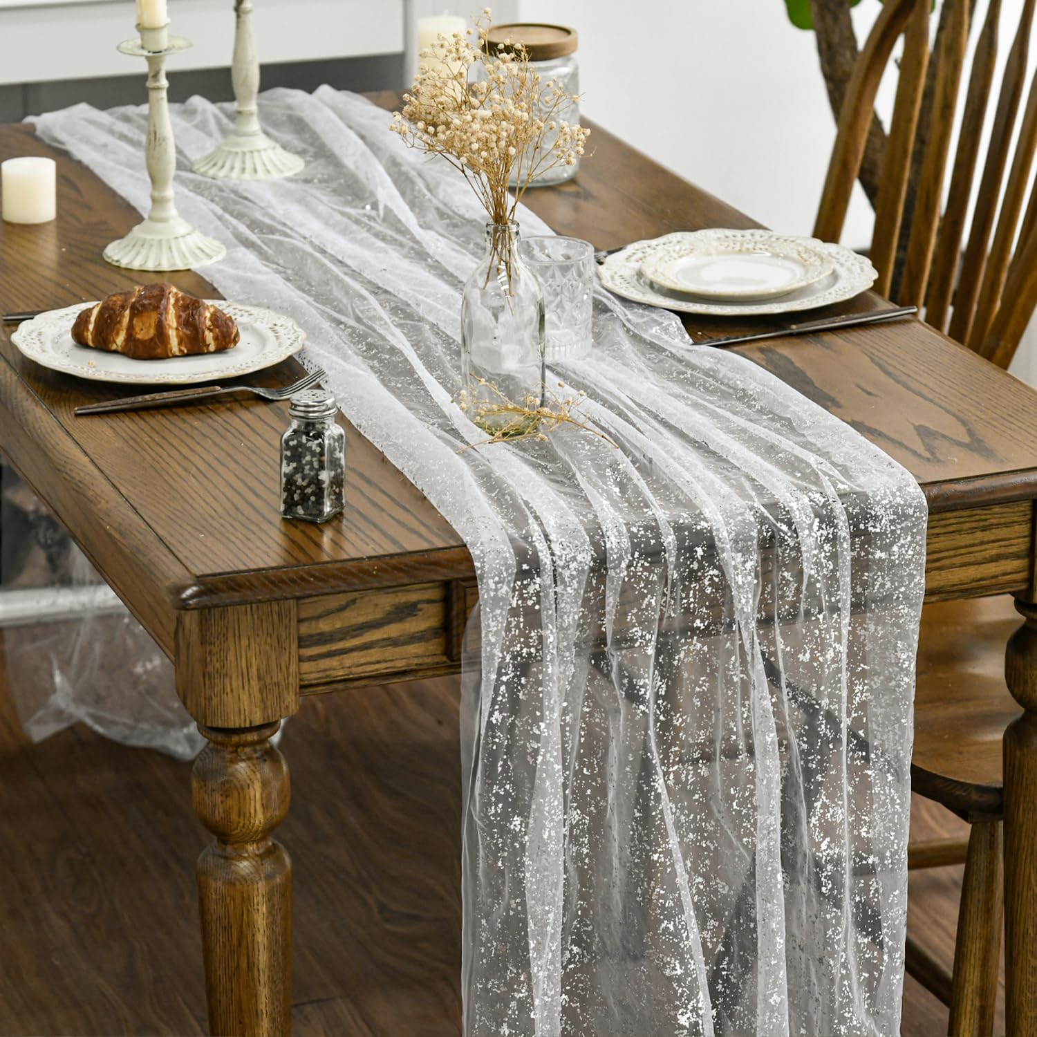 Artoid Mode Beige Gold Gauze Table Runner 120 Inch 10FT, Glitter Metallic Foil Sheer Dining Wedding Anniversary Holiday Birthday Table Decor for Home Party