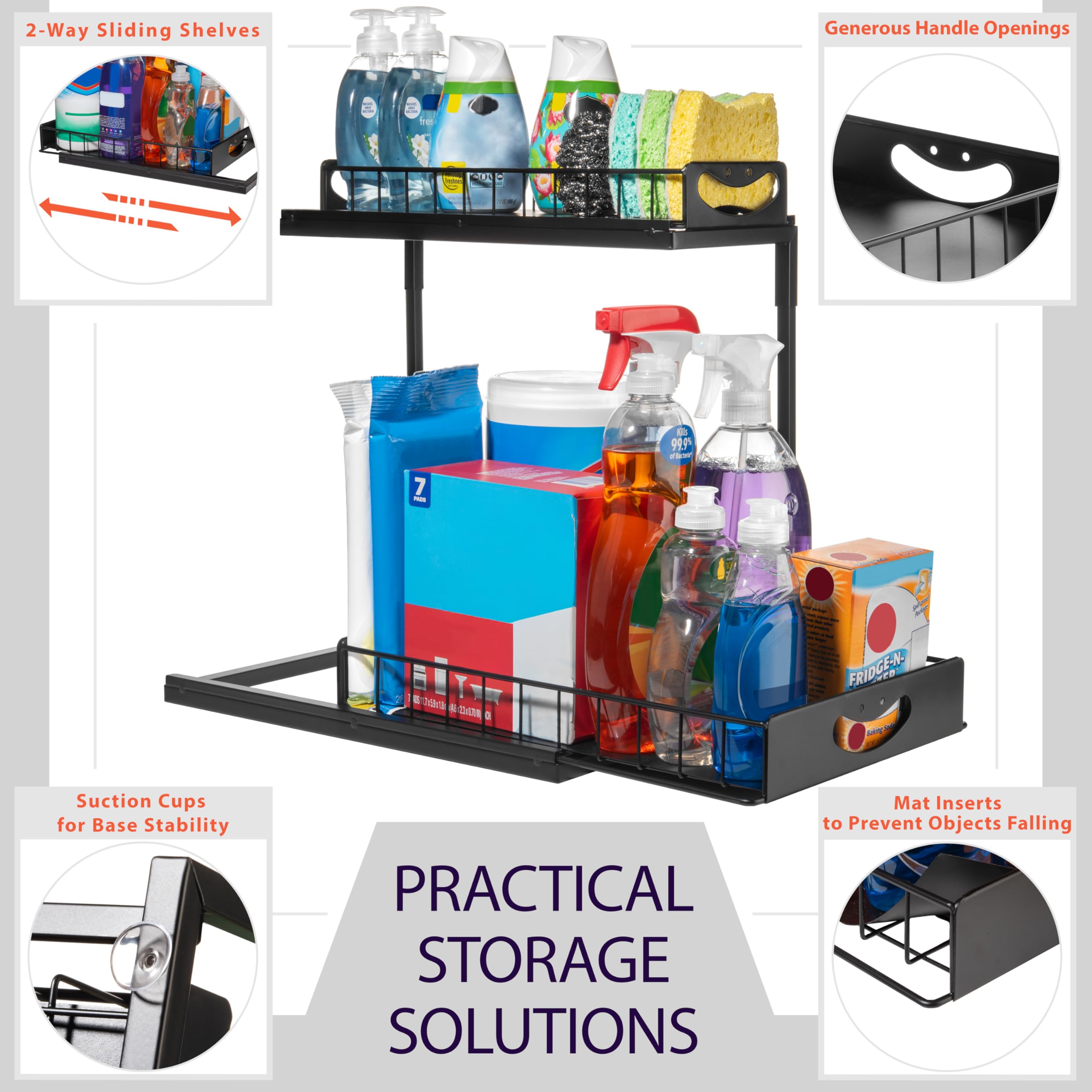 ClearSpace Under Sink Organizer, Pull Out Cabinet Organizer, 2 Pack - 2 Tier Slide Out Organizers and Storage Shelf - Metal Sliding Drawer for Kitchen Bathroom Pantry Cabinet Organization Rack, Black