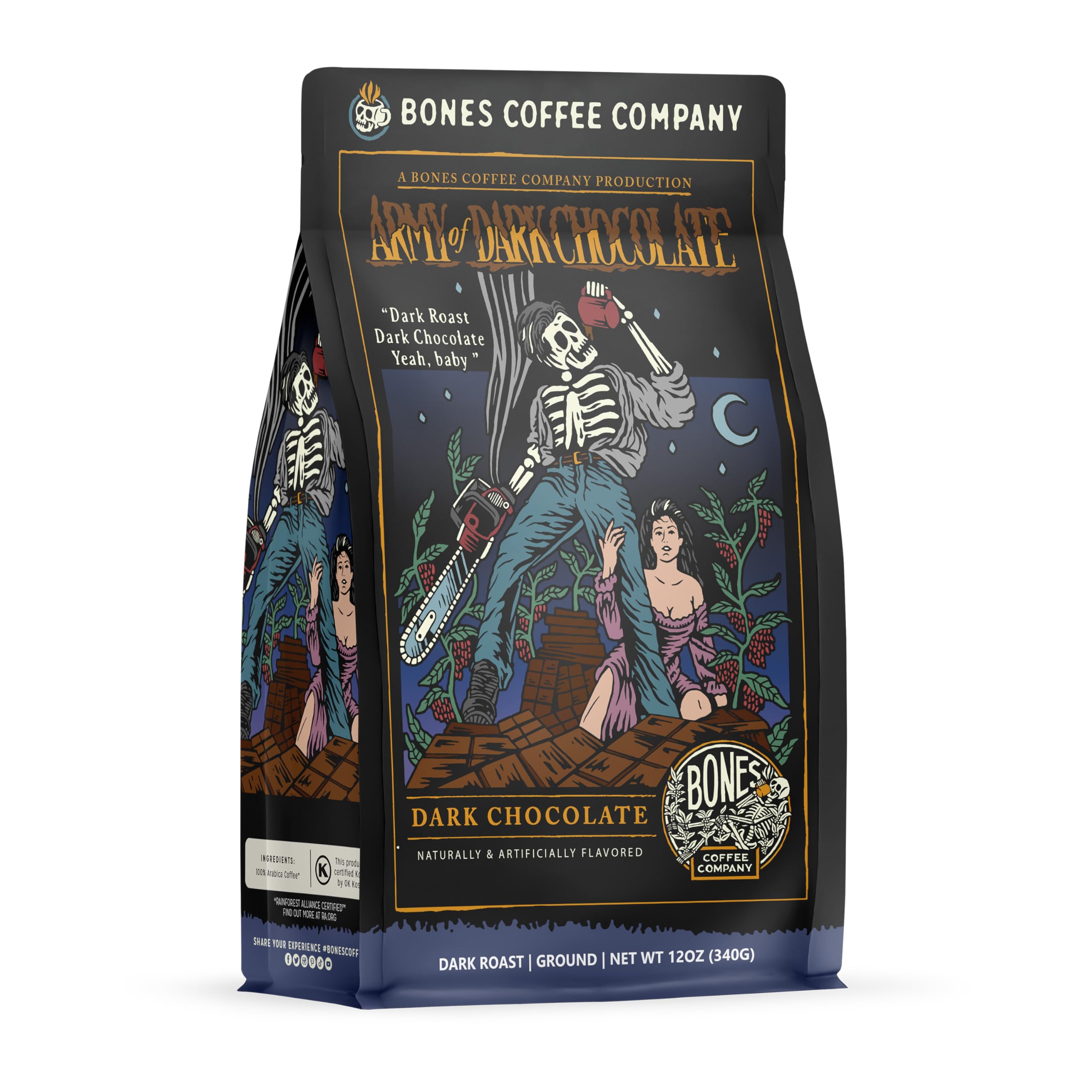 Bones Coffee Company Highland Grog, Butterscotch Caramel Flavored Coffee, Medium Roast Low Acid Arabica Beans Compatible with Auto drip and French Press Coffee Maker, 12 Oz Ground