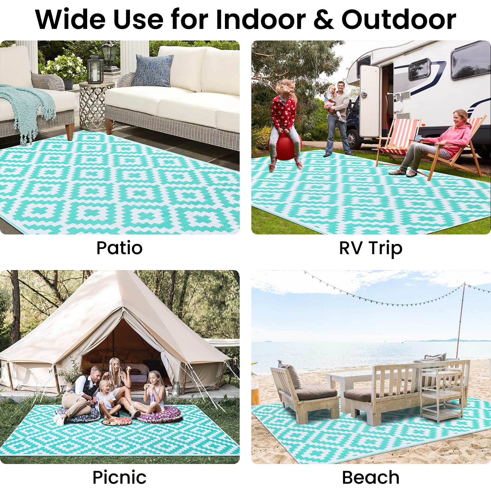 Smiry Waterproof Outdoor Rug 5x8 ft, Reversible Plastic Straw Patio Camping Rugs, Outdoor Indoor RV Mat Carpet for Patio, Outside Entry, Backyard, Deck, Bench, Picnic, Camper, Black & Beige