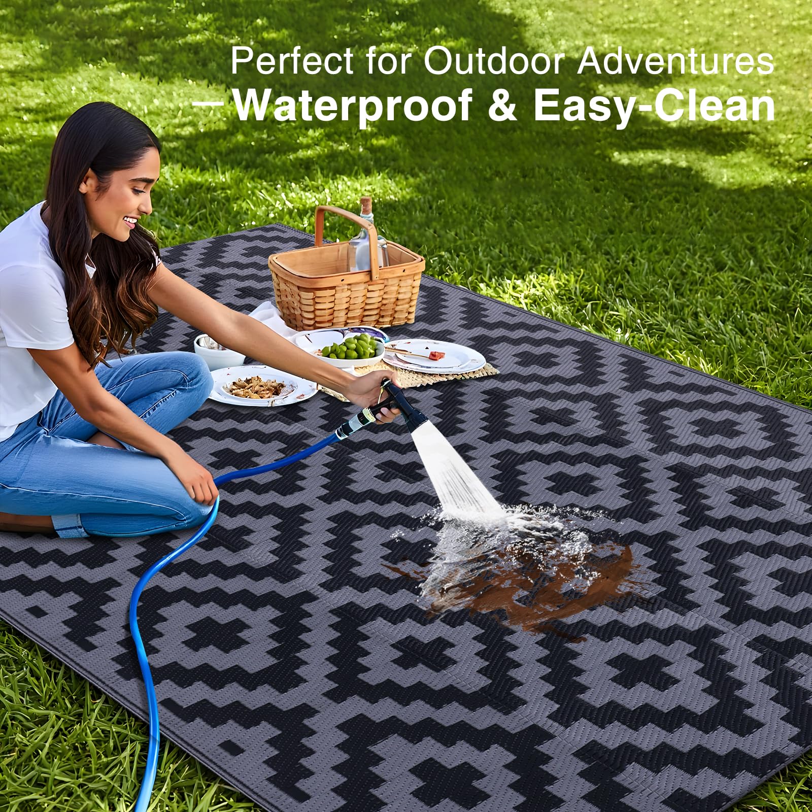 OLANLY Waterproof Outdoor Rug 5x8 ft, Outdoor Plastic Straw Rug for Camping, RV Mat Outside, Indoor Outdoor Carpet for Porch, Deck, Backyard, Balcony, Picnic, Black & White