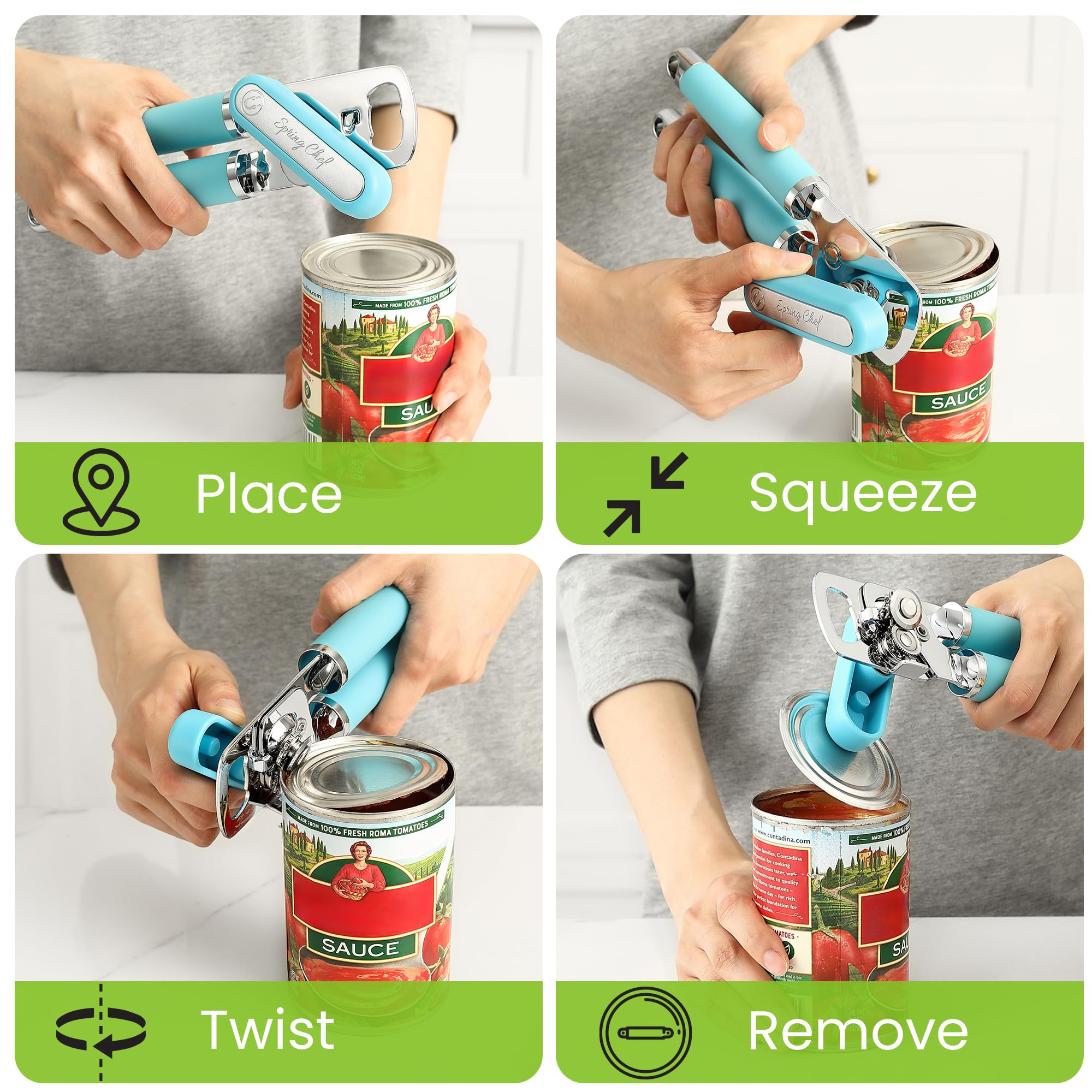 Spring Chef Stainless Steel Can Opener - Manual with Soft Grip Handles, Easy Turn, Heavy Duty Hand Can Openers for Seniors with Smooth Edge - Magnetic Lid Remover - Black