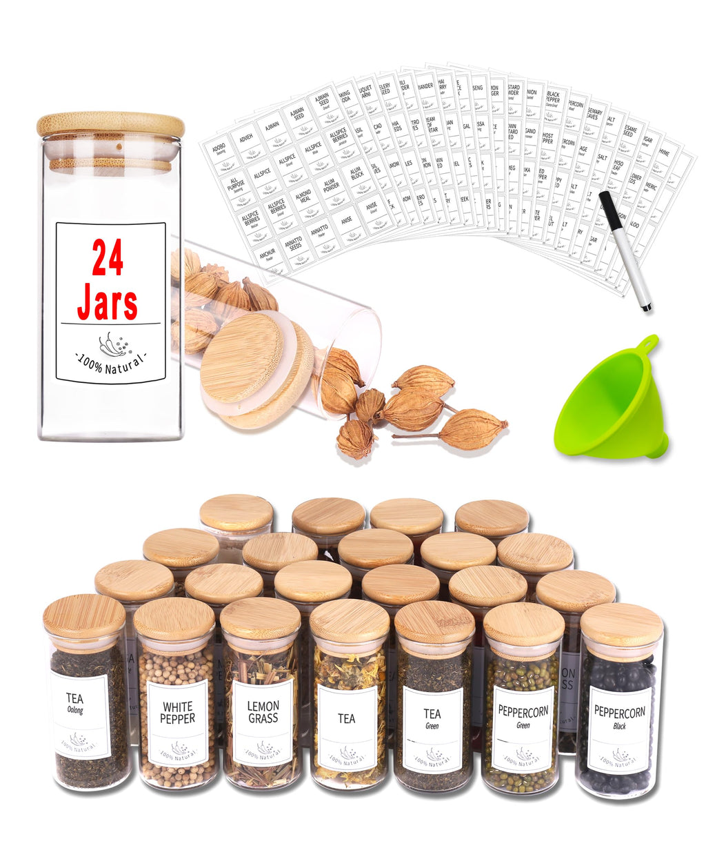 Churboro 24 Glass Spice Jars with Bamboo Airtight Lids, 400 Spice Labels, Funnel and Chalk Marker Set Spice Containers, 4 OZ Glass Storage Jars.