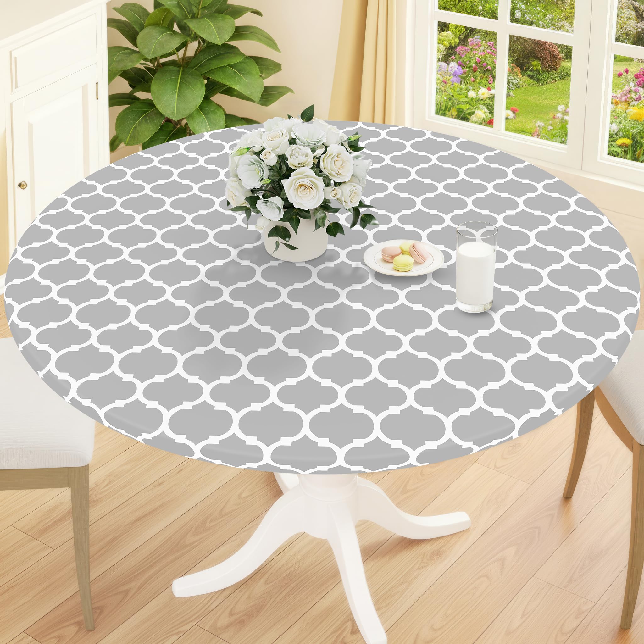 Smiry Round Picnic Tablecloth, Waterproof Elastic Fitted Table Covers for 45" - 56" Tables, Wipeable Flannel Backed Vinyl Tablecloths for Camping, Indoor, Outdoor, Grey & White