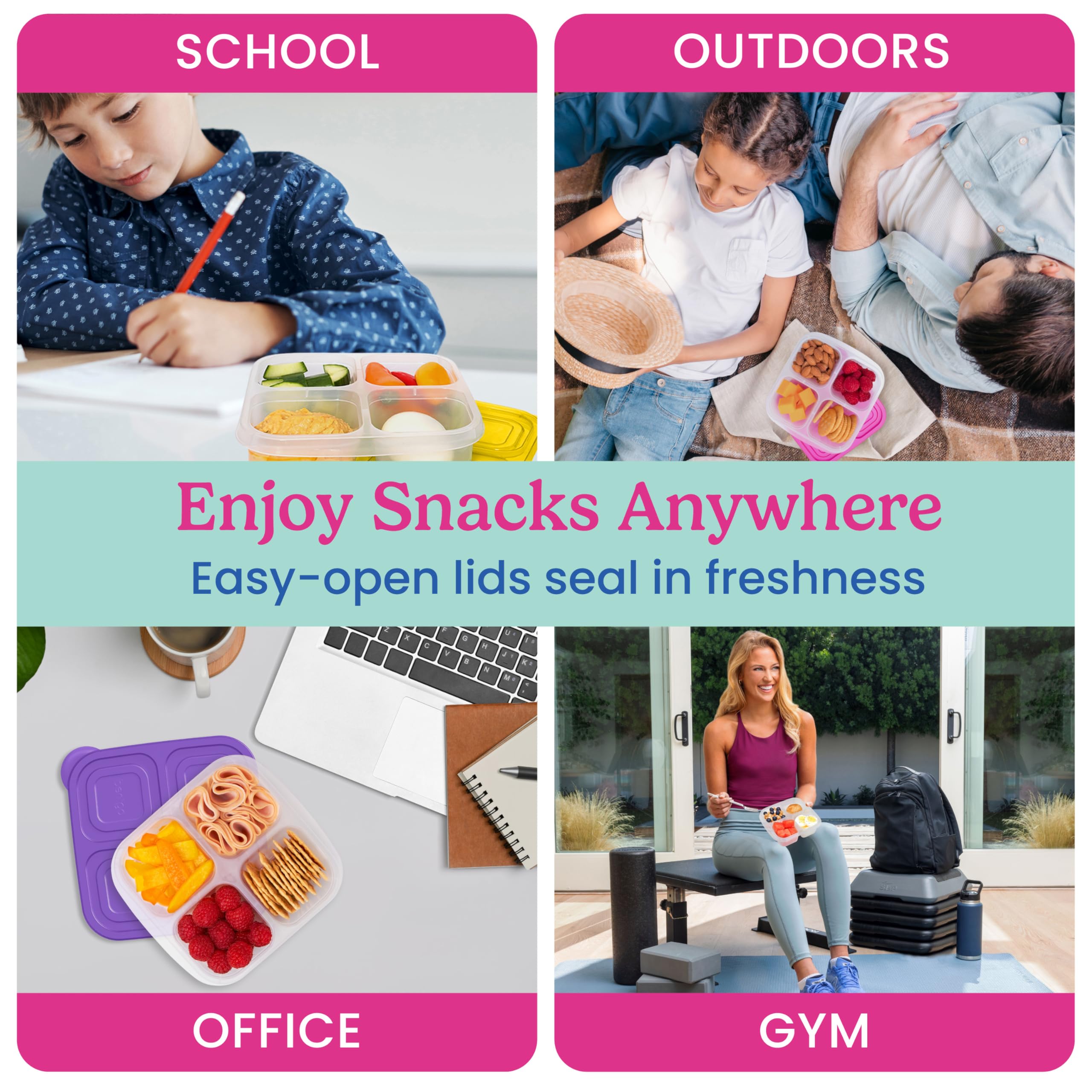 Bentgo Easyboxes 4-Compartment Snack Containers - 8-Piece Set with 4 Trays & 4 Custom-Fit Lids to Seal in Freshness - Reusable Food Storage & Meal Prep Bento BPA-Free Containers (Classic)