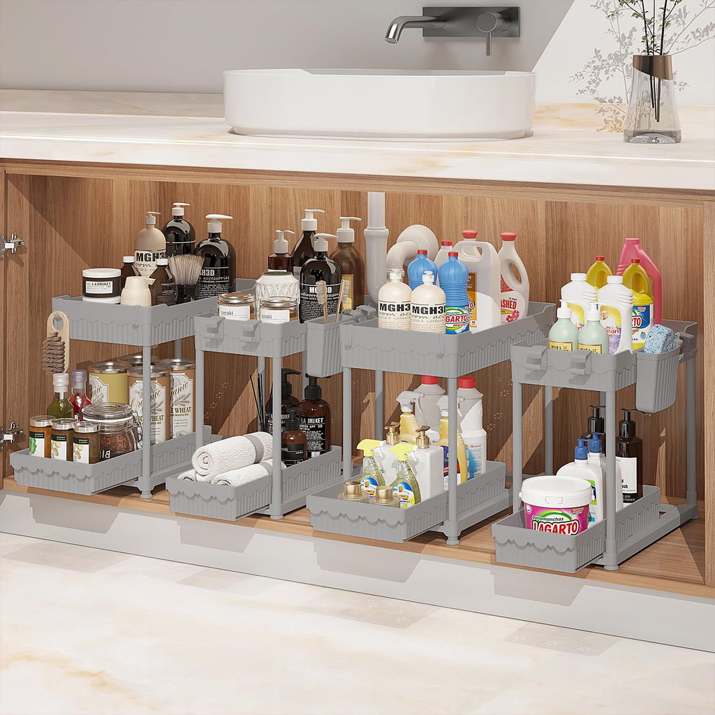 4 Pack Under Sink Organizer, Bathroom Organizers and Storage, 2 Tier Multi-Use Pull Out Cabinet Organizer with Hang Hooks and Cups (Black, 4 Pack)