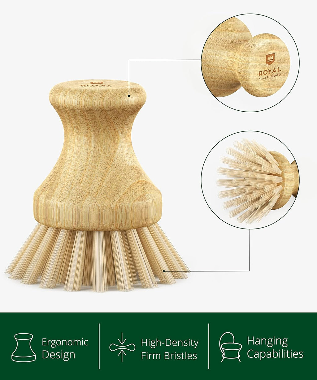 ROYAL CRAFT WOOD Bamboo Dish Scrub Brush w/Handle - Wooden Washing Dish Brush Scrubber for Kitchen - Filrm Bristles Brush with Handle for Sink, Dishes & Vegetables
