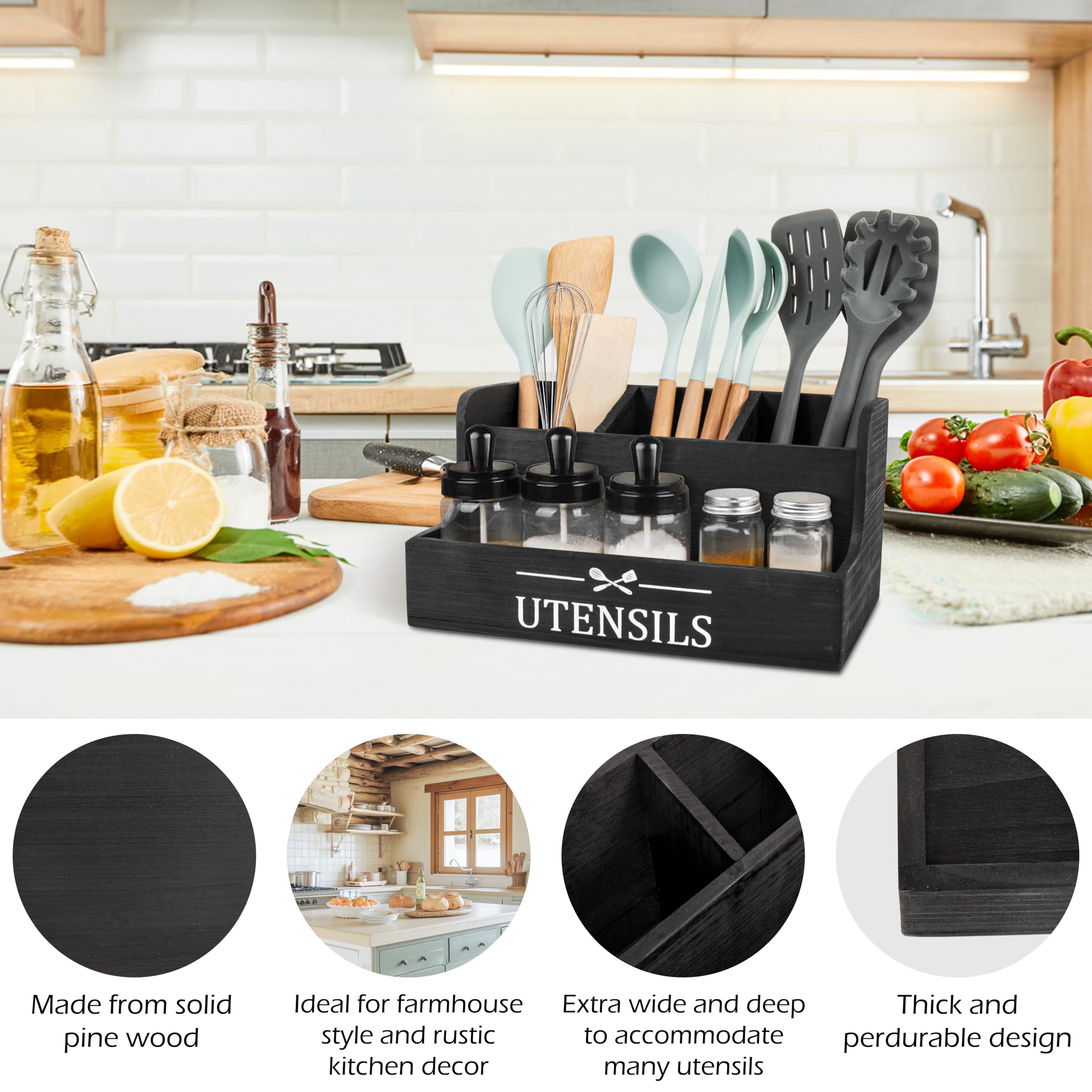 RedCall Extra Large Kitchen Utensils Holder 4 Compartments,Wood Utensil Organizer for Kitchen Countertop,Farmhouse Cooking Utensil Holder with Spice Storage space (Black)