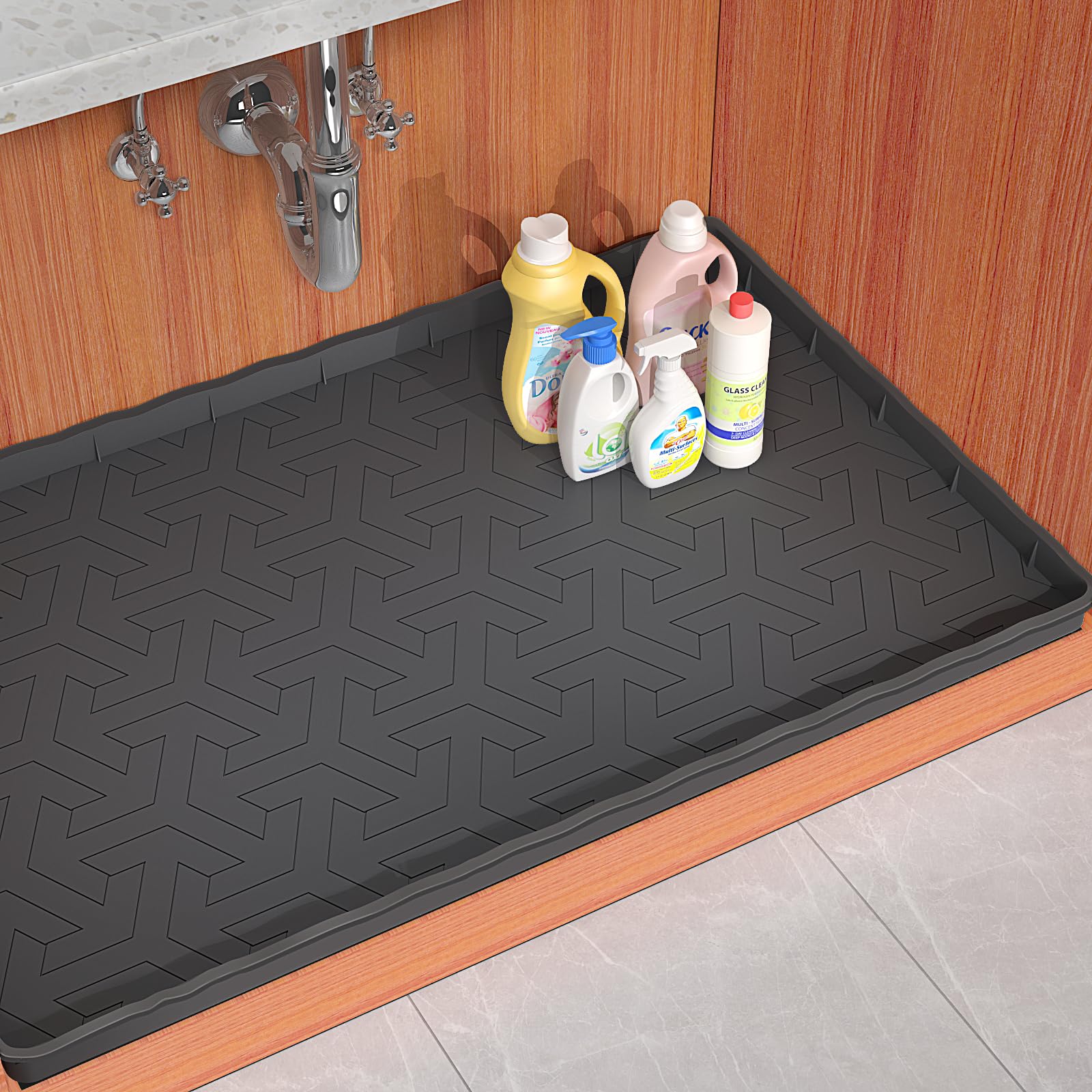 2025 Pro Sevenblue Waterproof Under Sink Mat, 22" x 19" Under Sink Liner and Protector for Bottom of Kitchen Sink, Bathroom Silicone Basin Undersink Mat Cabinet Shelf Drip Tray (Black, 22" L×19" W)