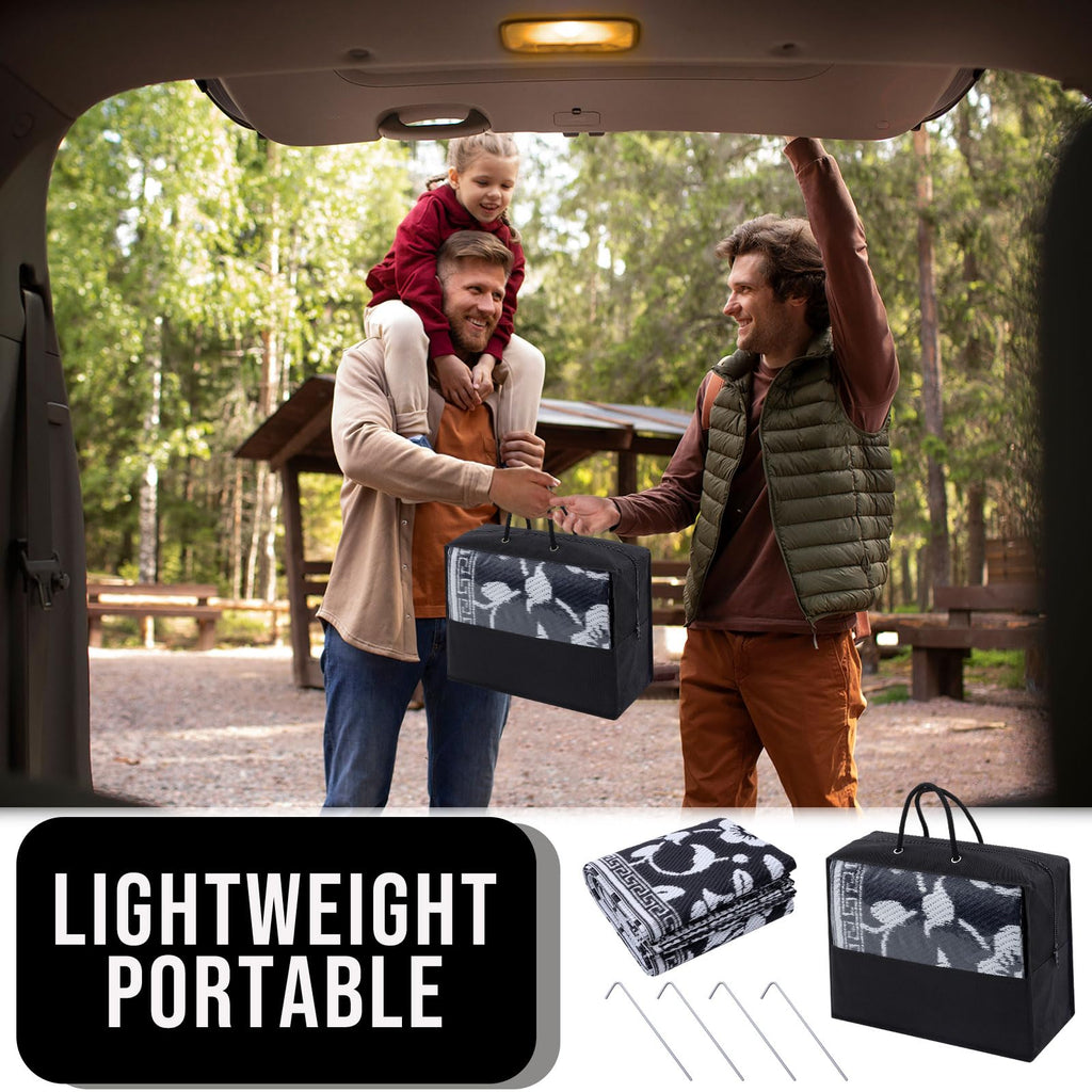 OLANLY Waterproof Outdoor Rug 5x8 ft, Outdoor Plastic Straw Rug with Flower Pattern, Reversible RV Mat for Patio, Camping, Balcony, Deck, Backyard, Navy & White