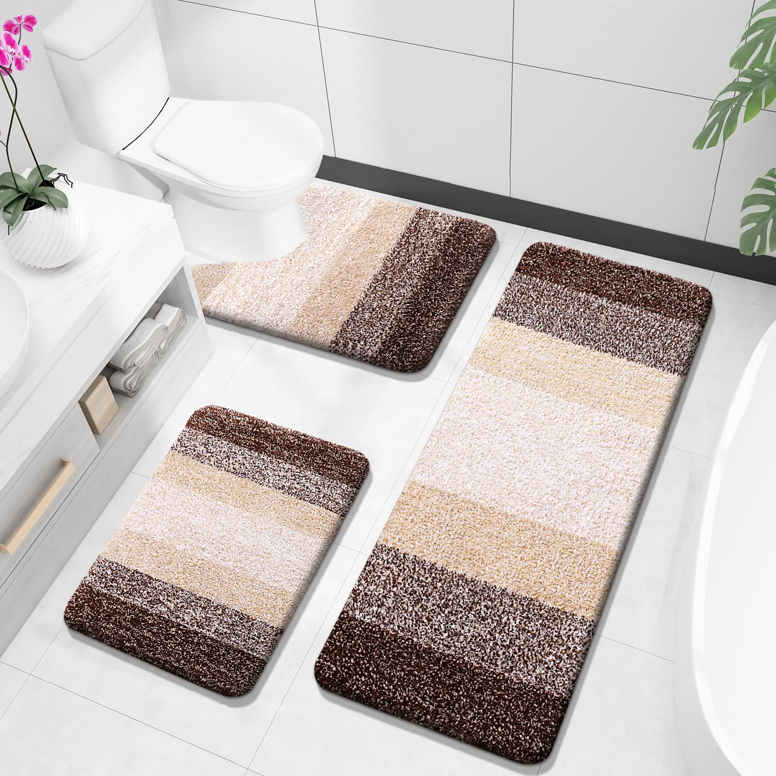 OLANLY Bathroom Rugs Sets 3 Piece, Soft Absorbent Microfiber Bath Mats and U-Shaped Contour Toilet Rug, Machine Wash Dry, Plush Shaggy Bath Mat Set for Bathroom (30"x20"+24"x16"+24"x20", Grey)
