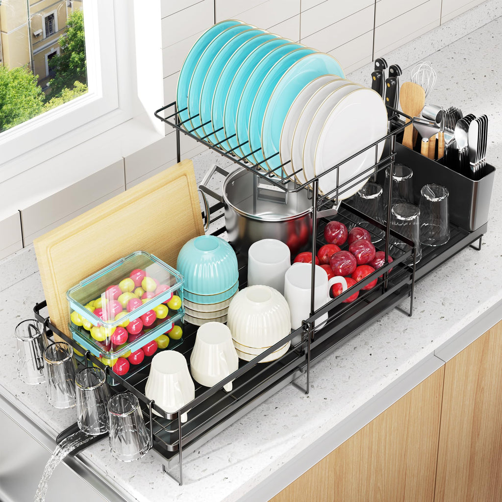 Large Dish Drying Rack, Expandable Dish Rack for Kitchen Counter, Upgraded Dish Drainer with Drainboard Set, Multifunctional Dishrack with Utensil Holder & Cup Holder, 13.4"-28.7" L x 11.8" W