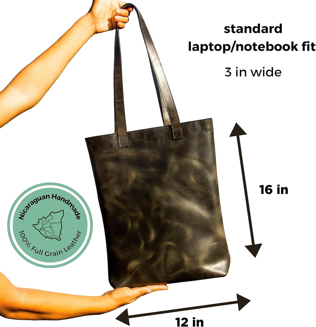 Handcrafted Leather Tote Bag with Laptop sleeve + 2 Pockets | Women's Leather Shoulder Bag