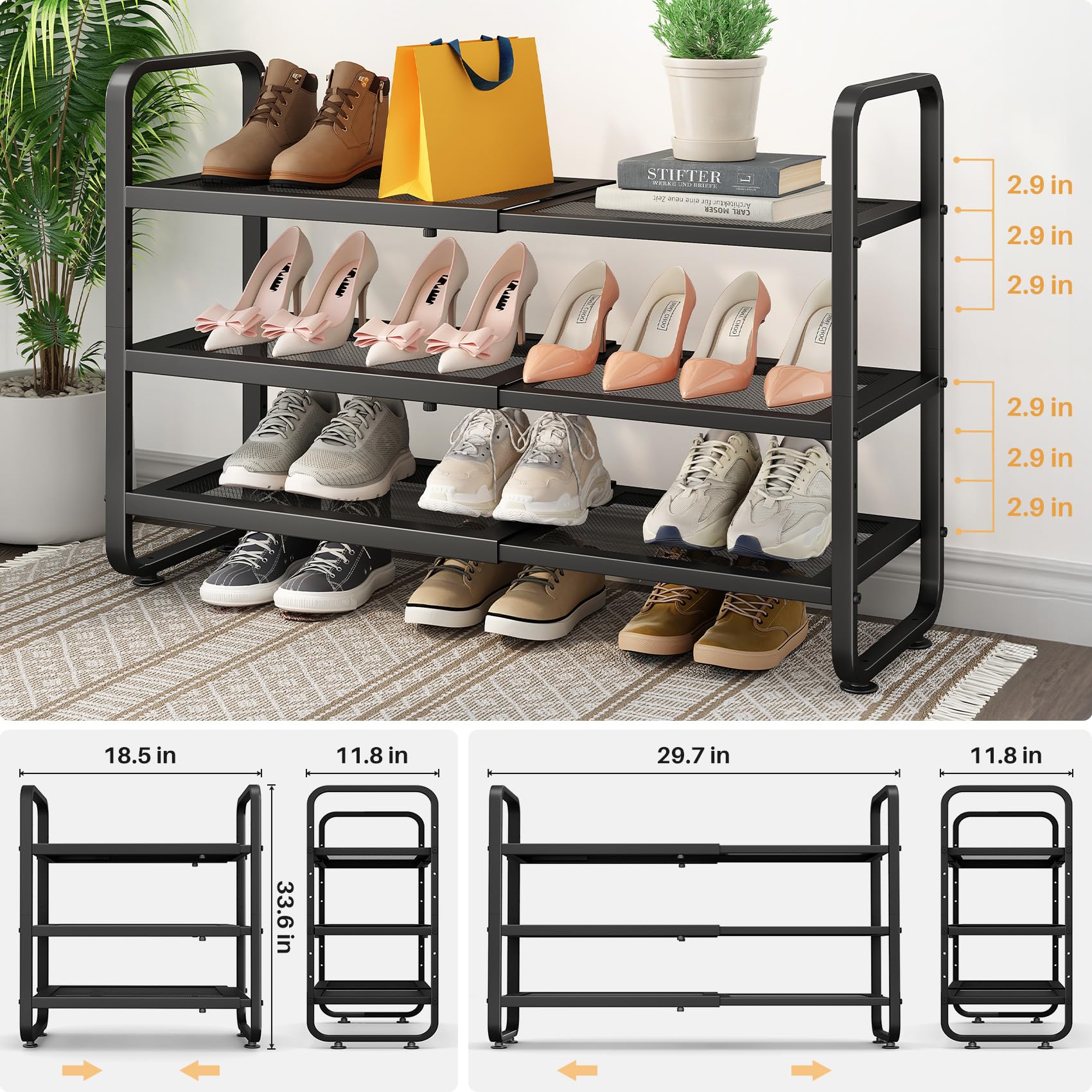 SNTD Shoe Rack - Expandable Shoe Organizer for Closet, Adjustable Metal Shoe Shelf Storage, Stackable Long Shoe Stand Holder for Garage, Entryway, Door Entrance (Black, 2-Tier)