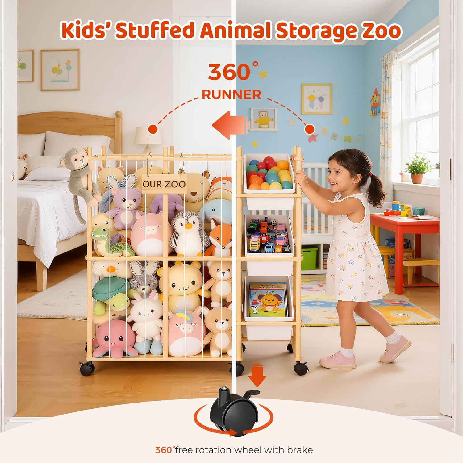 Stuffed Animal Storage with 3 Removable Bins, Wood Animals Zoo Stuffed Animal Holder with Sticker, Large Capacity Toy Storage Organizer for Toddler Rooms, Playrooms & Bedrooms Organization