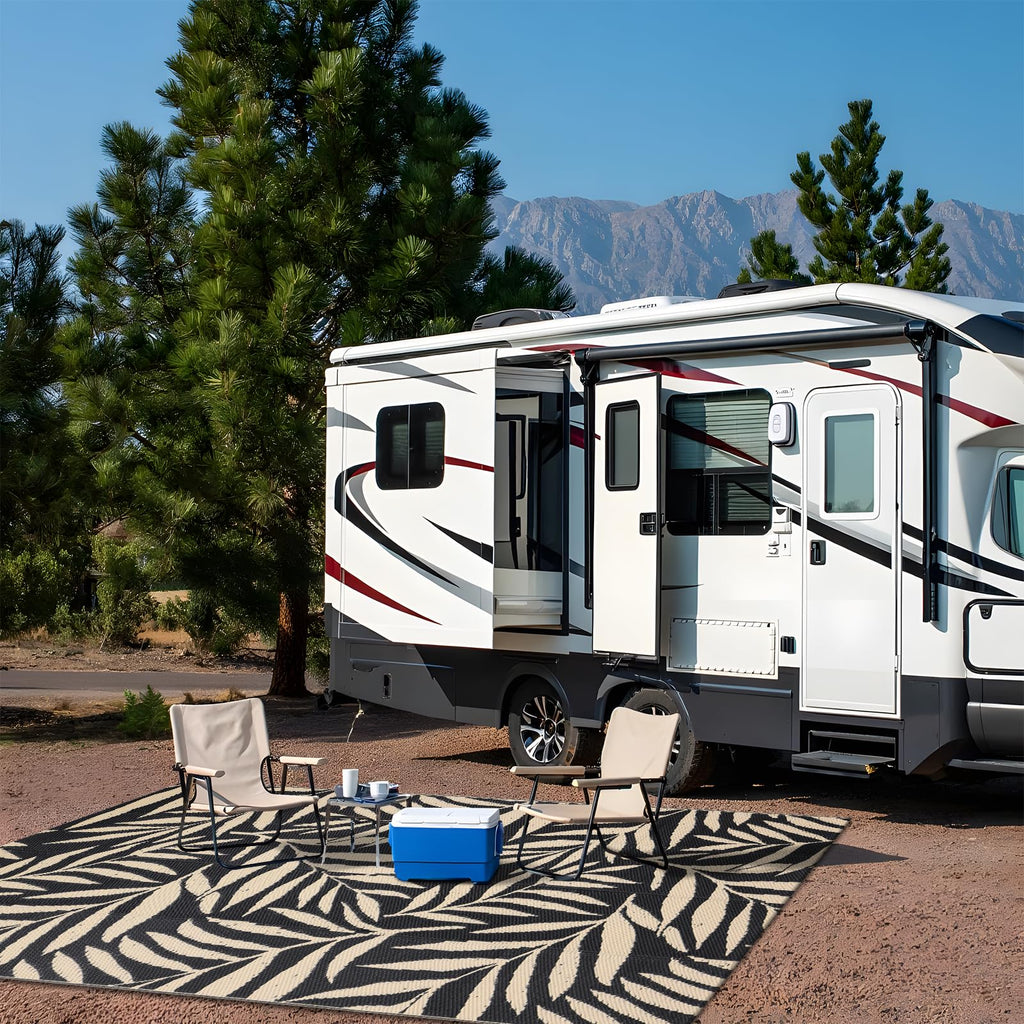 OLANLY Waterproof Outdoor Rug 5x8 ft, Reversible Outdoor Plastic Straw Rug with Leaf Pattern, RV Mat, Indoor Outdoor Carpet for Patio, Camping, Balcony, Deck, Backyard, Grey & White