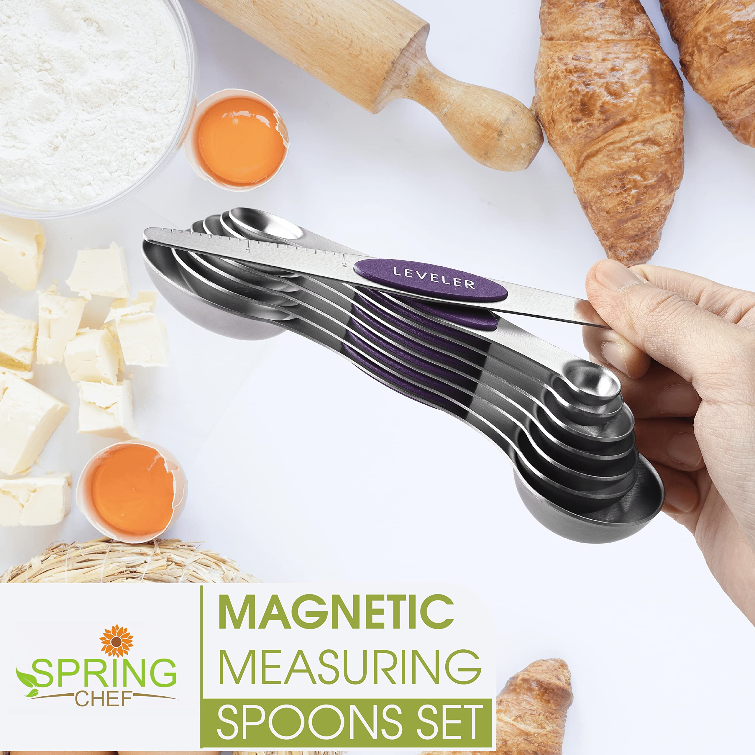 Spring Chef Stainless Steel Magnetic Measuring Spoons Set with Strong N45 Magnets, Heavy Duty Metal Kitchen Gadgets for Baking & Cooking, Fits in Most Kitchen Spice Jars, Set of 8 with Leveler, Black