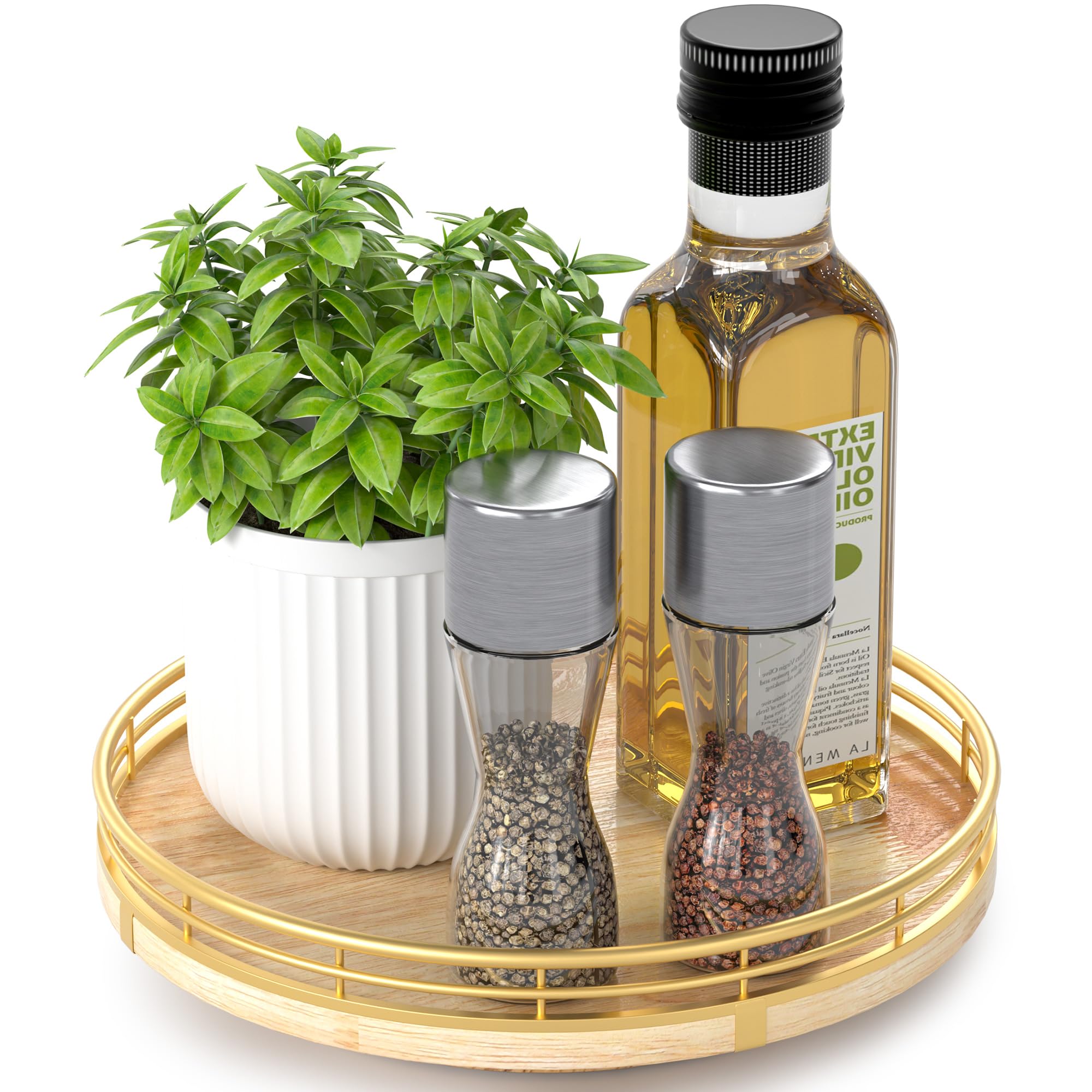 Farmhouse Oak 9" Lazy Susan Turntable Organizer for Cabinet, Round Wooden Lazy Susan Organization and Storage for Dining Table, Pantry, Kitchen, Countertop, Cupboard,Home Decor, Walnut Wood