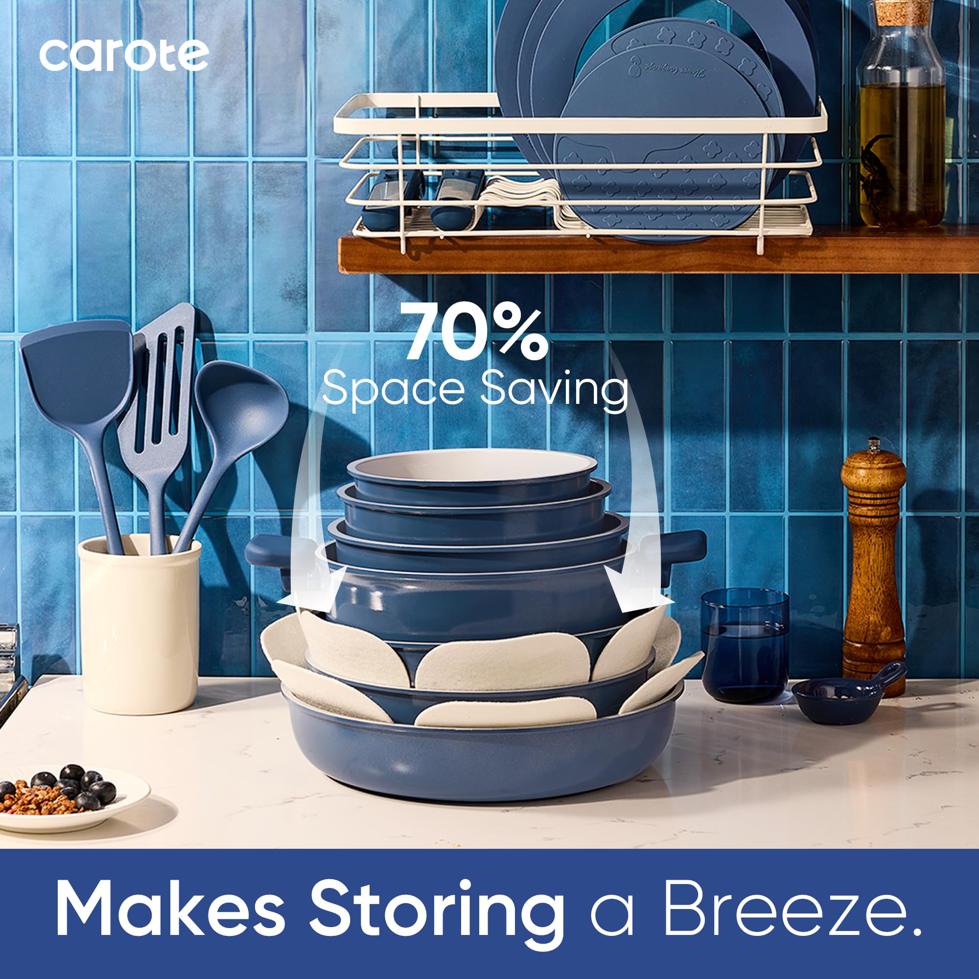 CAROTE 27pcs Ceramic Cookware Set Nonstick, Pots and Pans Set Non Stick, Non Toxic Cookware Detachable Handles, Dishwasher/Oven Safe, RV/Camping Cookware, Pan and Pot with Kitchen Utensils, Navy Blue