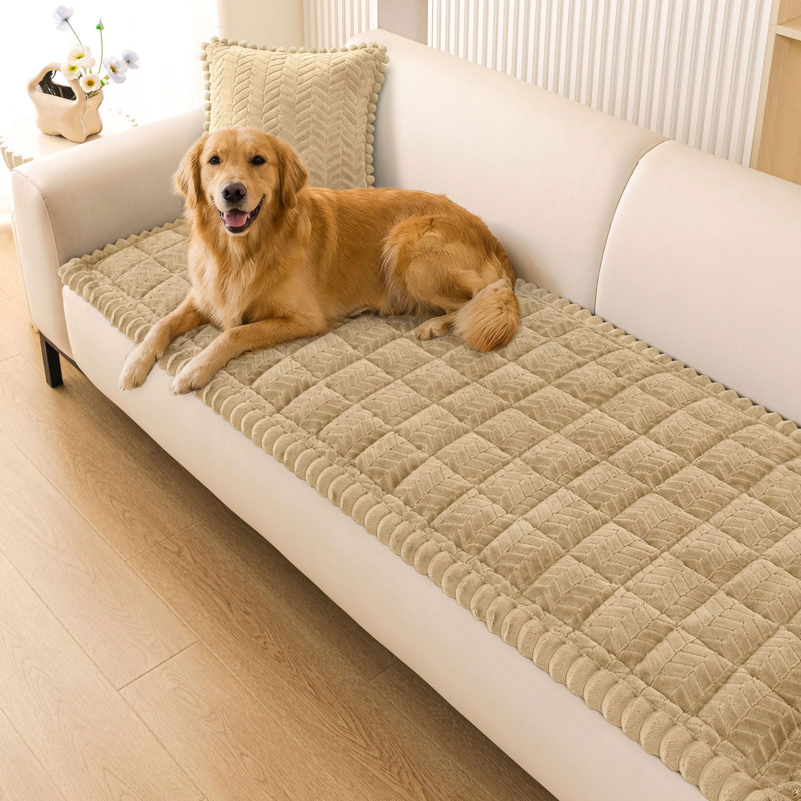 Smiry Non Slip Couch Covers for Dogs, Fuzzy Pet Couch Covers for 2-3 Cushion Sofa Pet Friendly, Soft Sofa Slipcovers Cushion Furniture Protector Washable (Beige, 27.6" x 59")