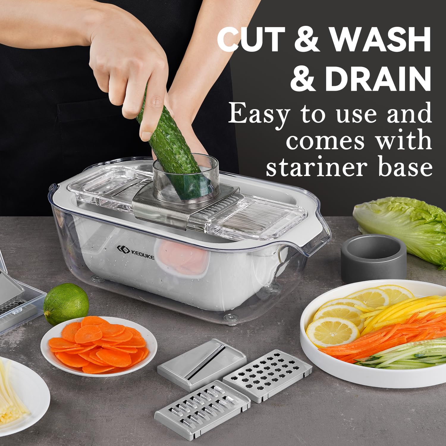 KEOUKE Transparent Multifunctional Mandoline Slicer - 6 Blades Interchangeable, Handheld Vegetable Cutter with Hand Guard for Kitchen, Onion, Garlic, Safe Food Slicer