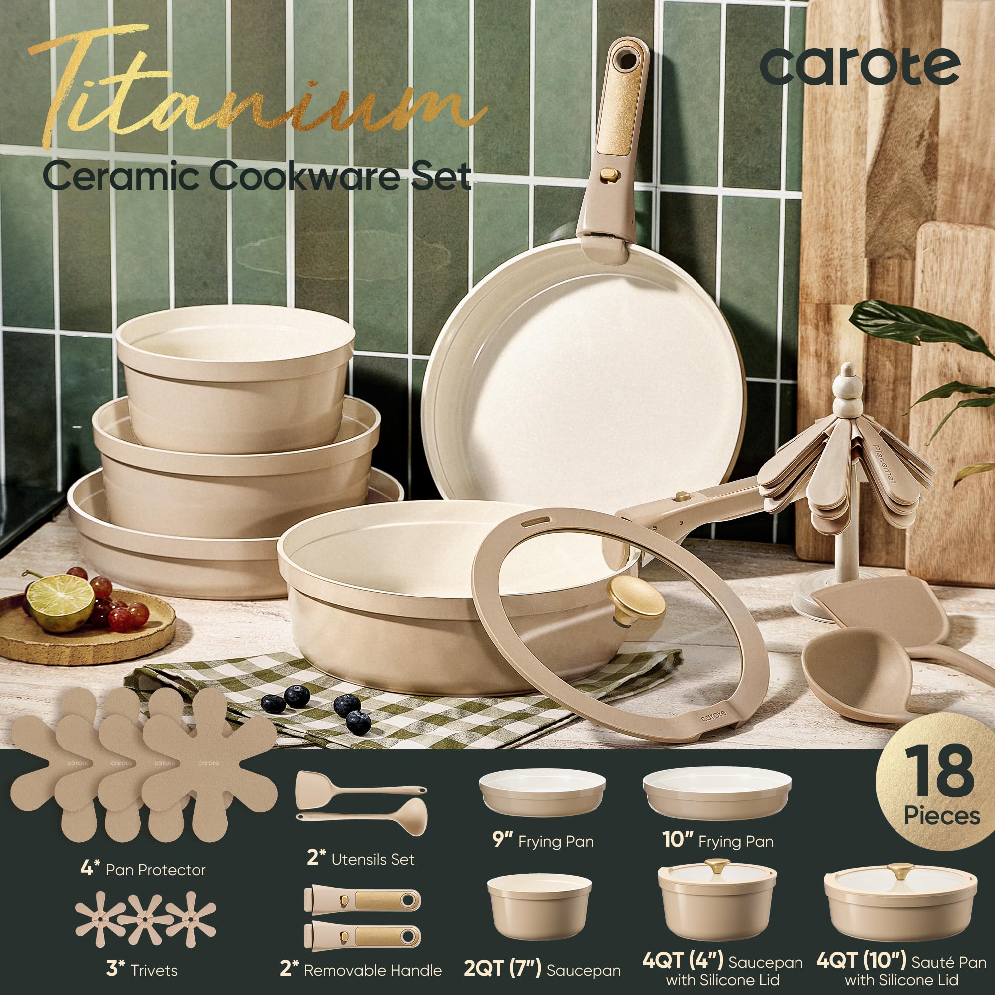CAROTE 19pcs Pots and Pans Set Non Stick, Nonstick Cookware Set Detachable Handle, Induction Kitchen Cooking Sets with Removable Handle, RV Kitchen, Oven Safe, Taupe