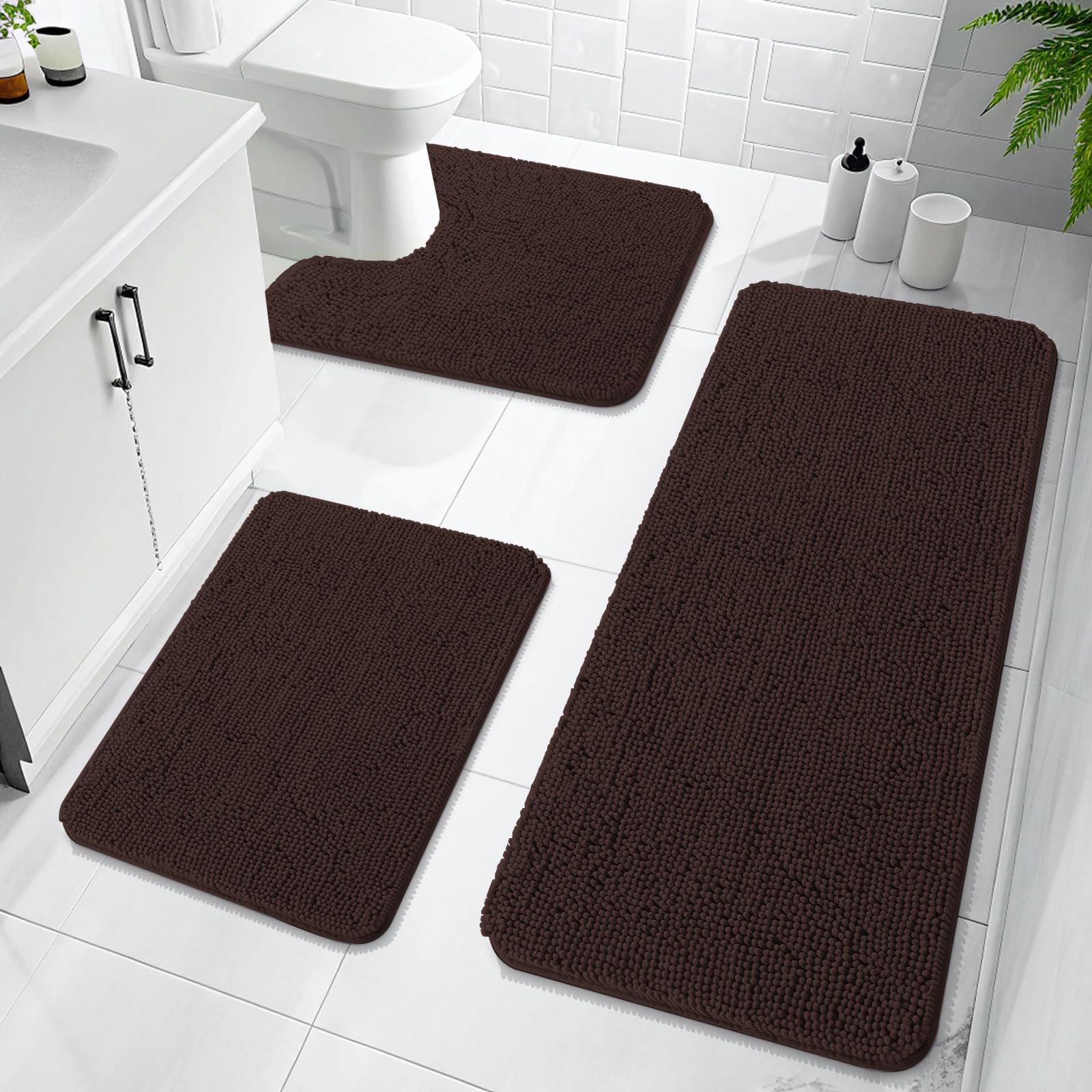 OLANLY Bathroom Rugs Sets 3 Piece, Soft Absorbent Chenille Bath Mats and U-Shaped Contour Toilet Rug, Quick Dry, Home Decor Accessories, Bath Mat Set for Bathroom (30"x20"+24"x16"+24"x20", Grey)