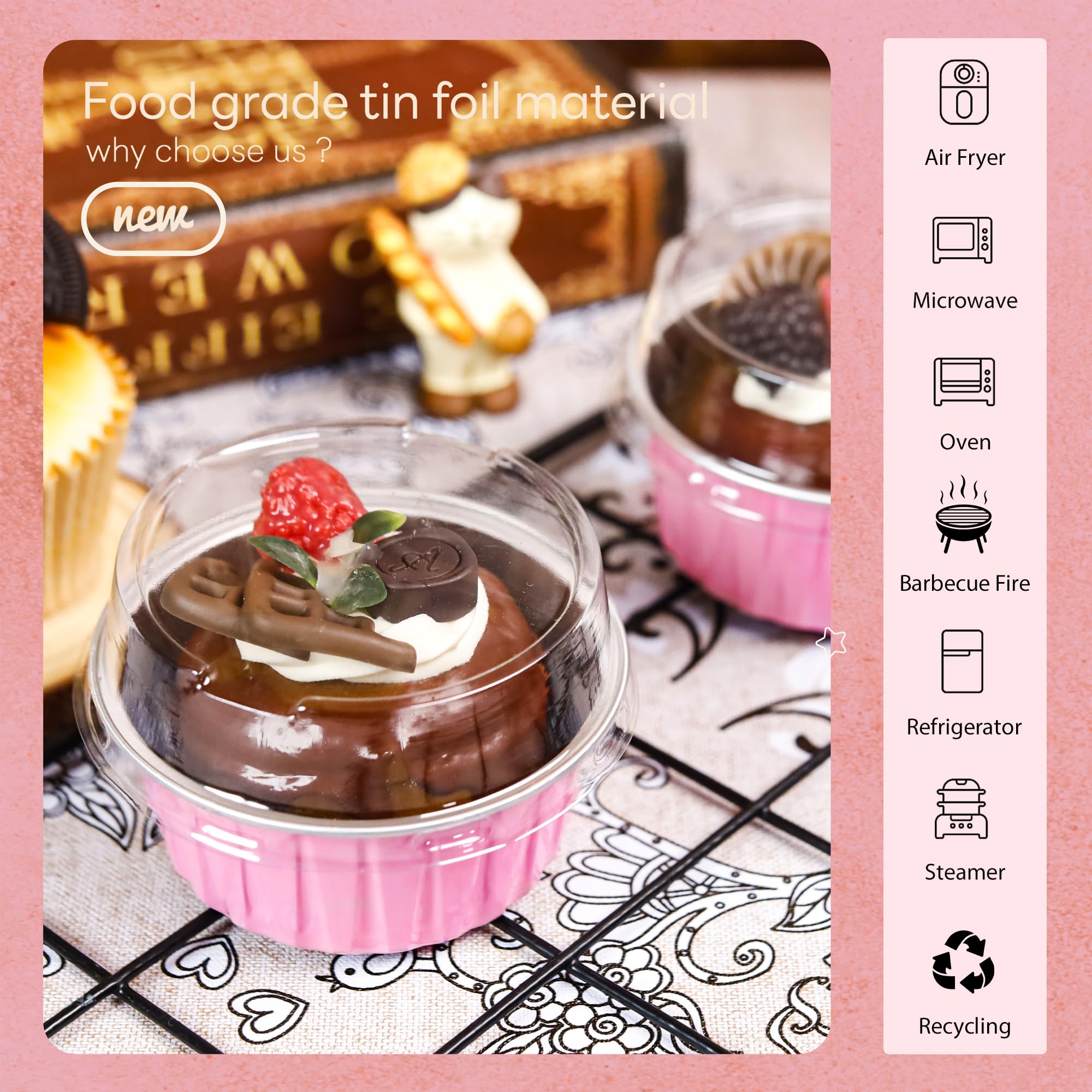 5 OZ Mini Loaf Pans with Lids Mini Cake Pans Baking Cups Disposable Ramekin for Cupake Pudding Party Wedding Birthday(50 Pack, Pink)