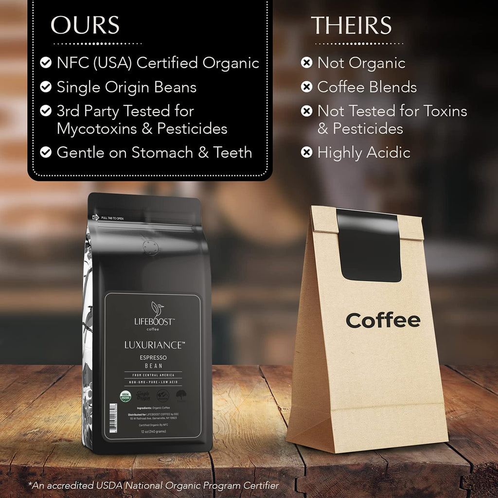 Lifeboost Organic Espresso Whole Bean Coffee - Low Acid Espresso Coffee, Non-GMO, USDA Organic, Single Origin, Third-Party Tested for Mycotoxins & Pesticides - 12 oz Bag