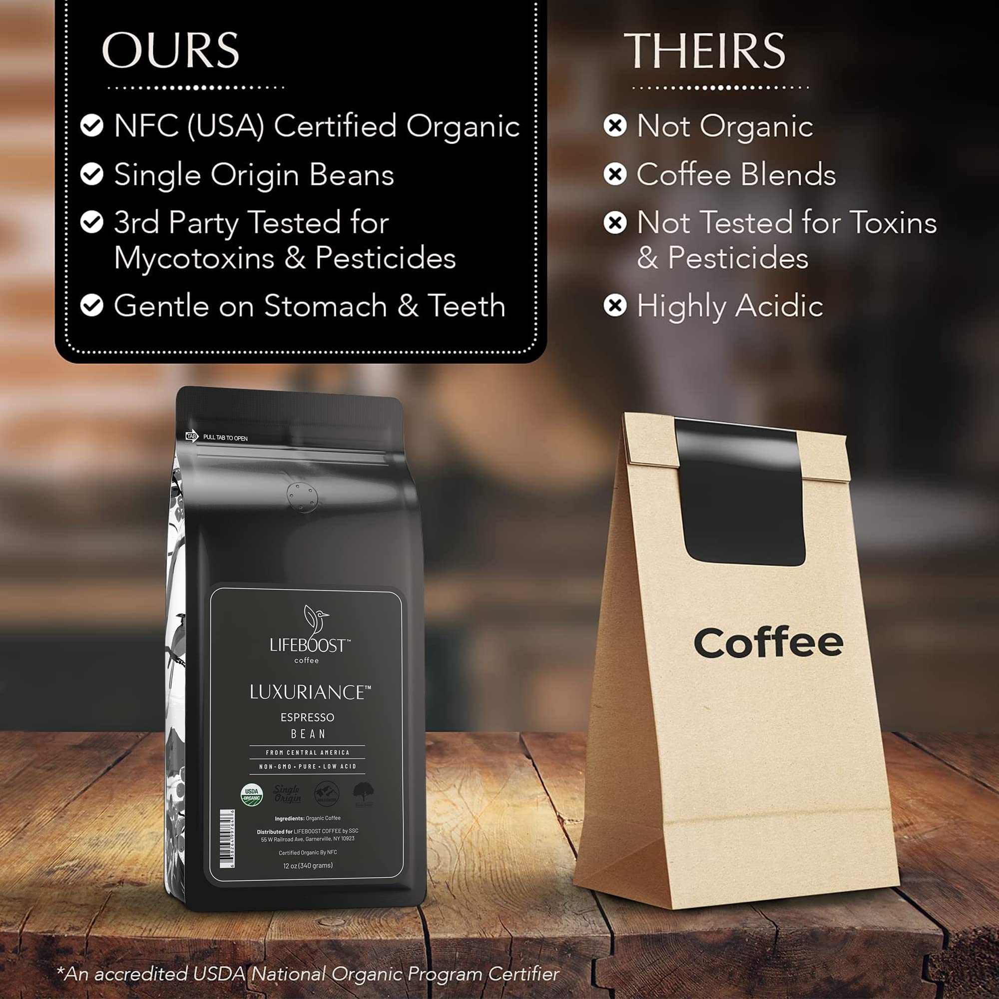 Lifeboost Organic Espresso Whole Bean Coffee - Low Acid Espresso Coffee, Non-GMO, USDA Organic, Single Origin, Third-Party Tested for Mycotoxins & Pesticides - 12 oz Bag
